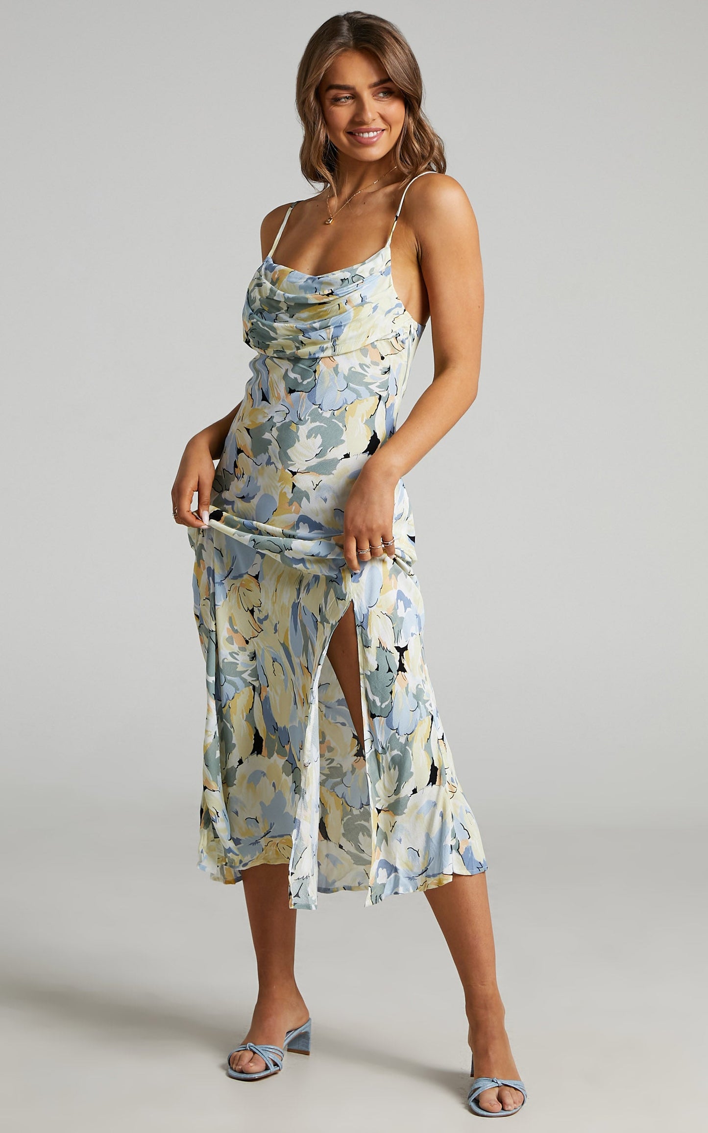 Lindie Midi Slip  Dress in Blue Foral