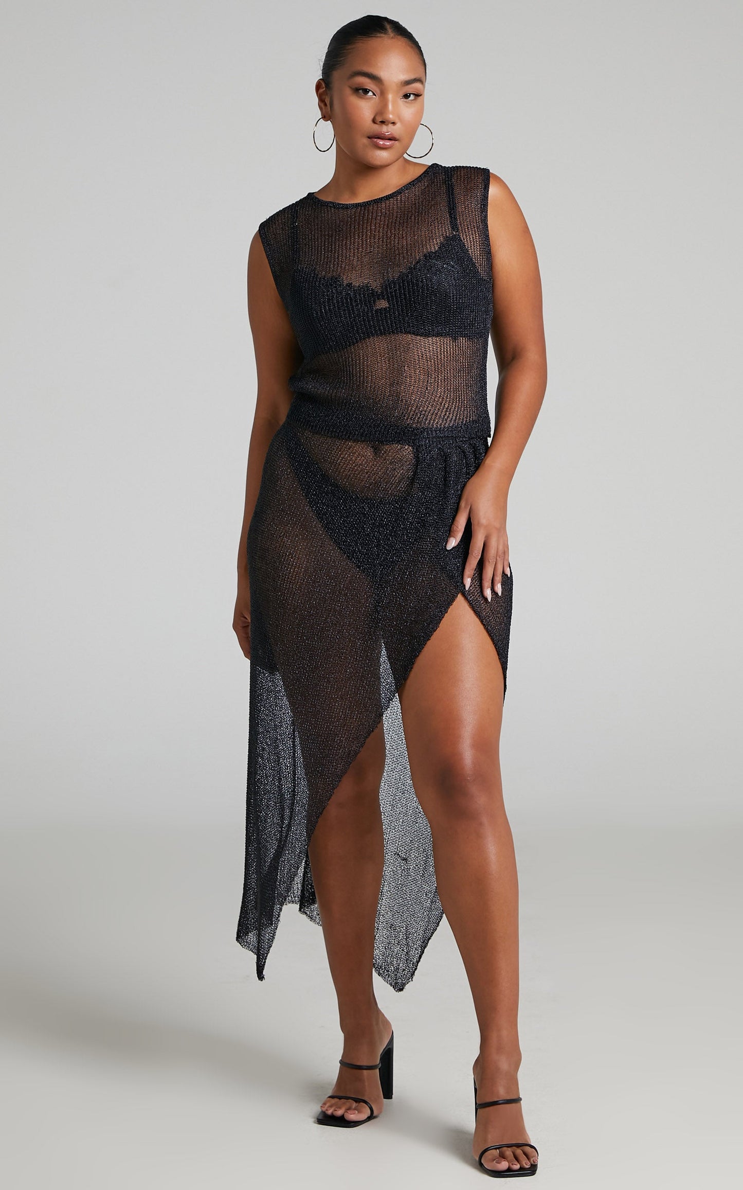 Lioness - Almost Famous Knit Mesh Midi Skirt in Black