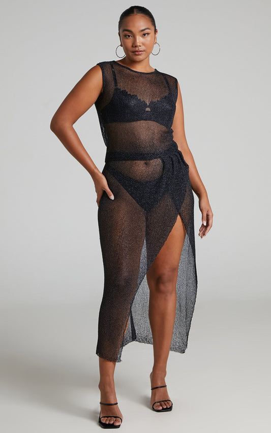 Lioness - Almost Famous Knit Mesh Midi Skirt in Black