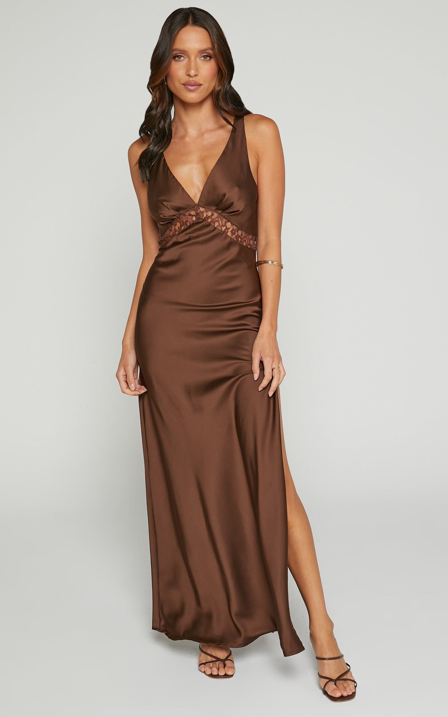 Lioness - Dakota Plunge Thigh Split Slip Midi Dress in Chocolate