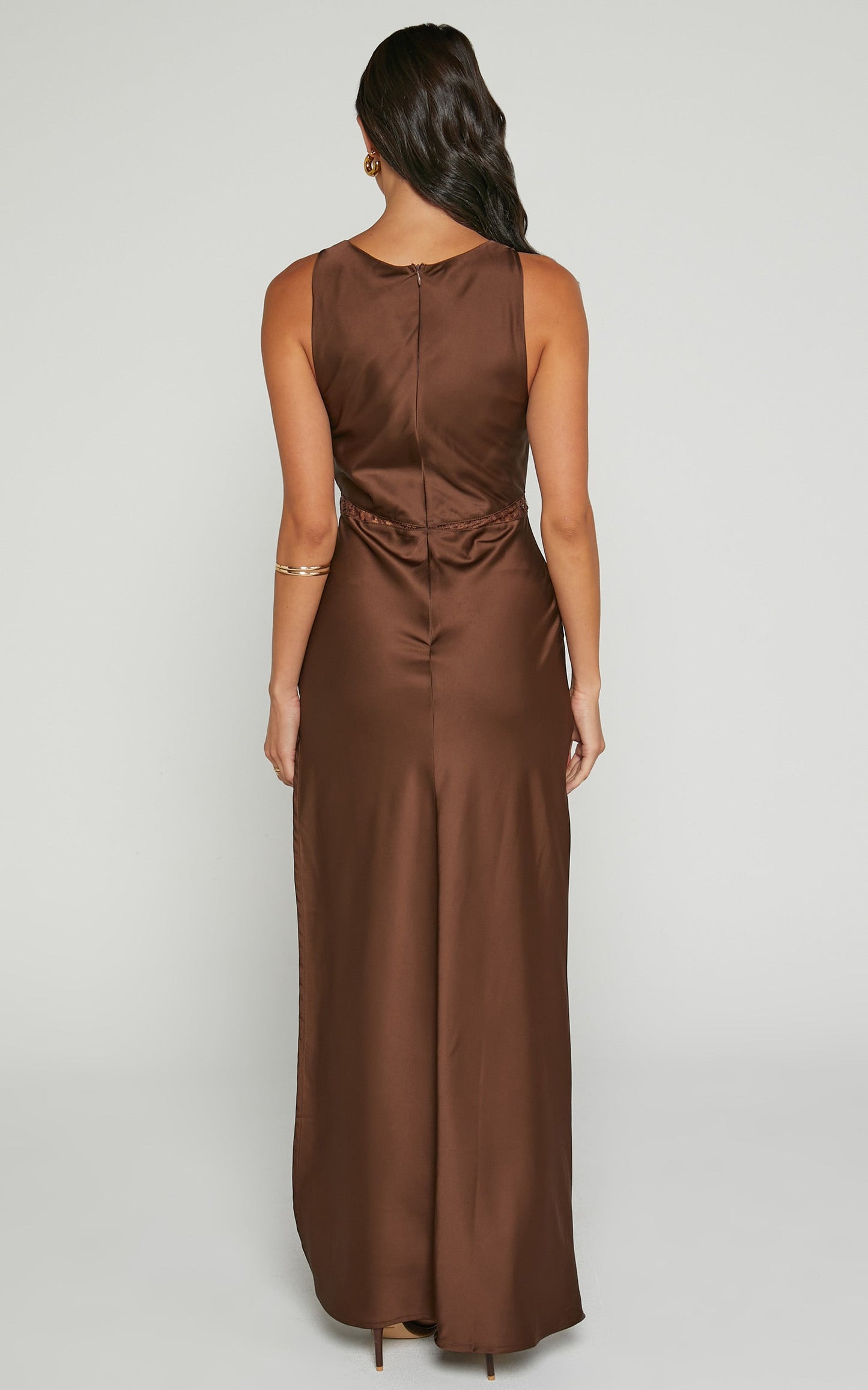 Lioness - Dakota Plunge Thigh Split Slip Midi Dress in Chocolate