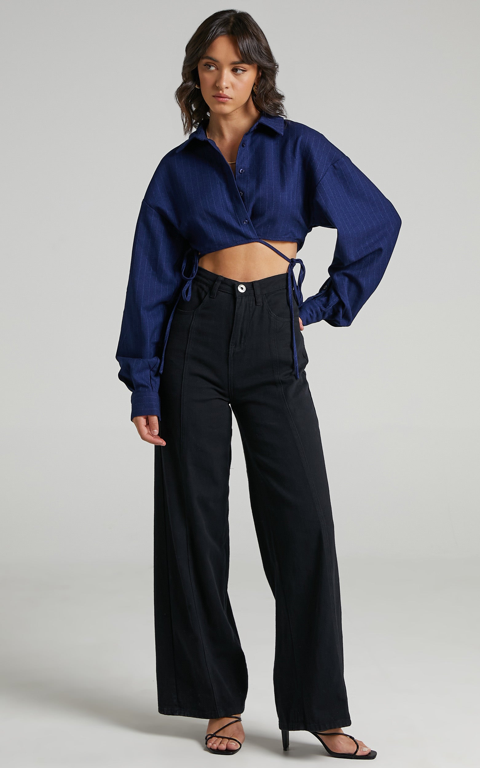 Lioness - Hideaway Crop Shirt in Midnight Pinstripe