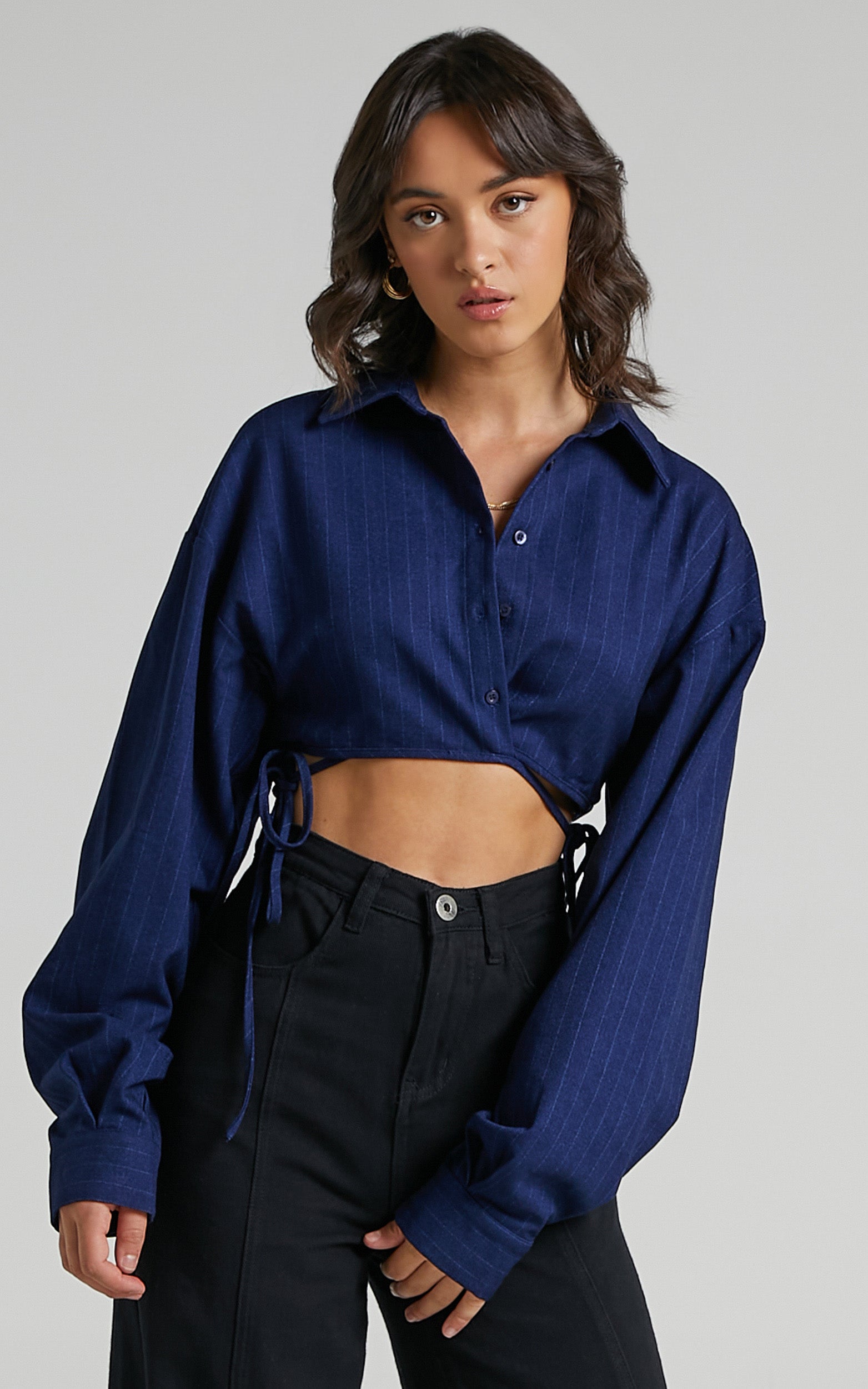 Lioness - Hideaway Crop Shirt in Midnight Pinstripe