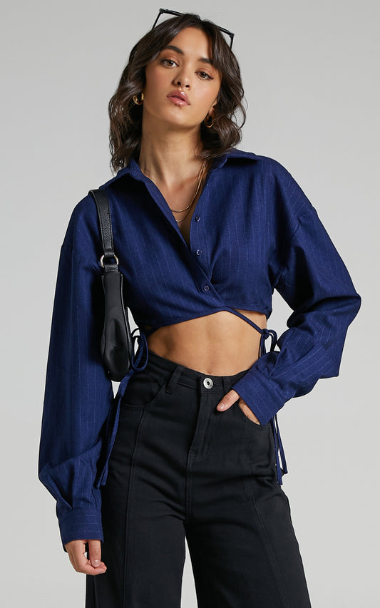 Lioness - Hideaway Crop Shirt in Midnight Pinstripe