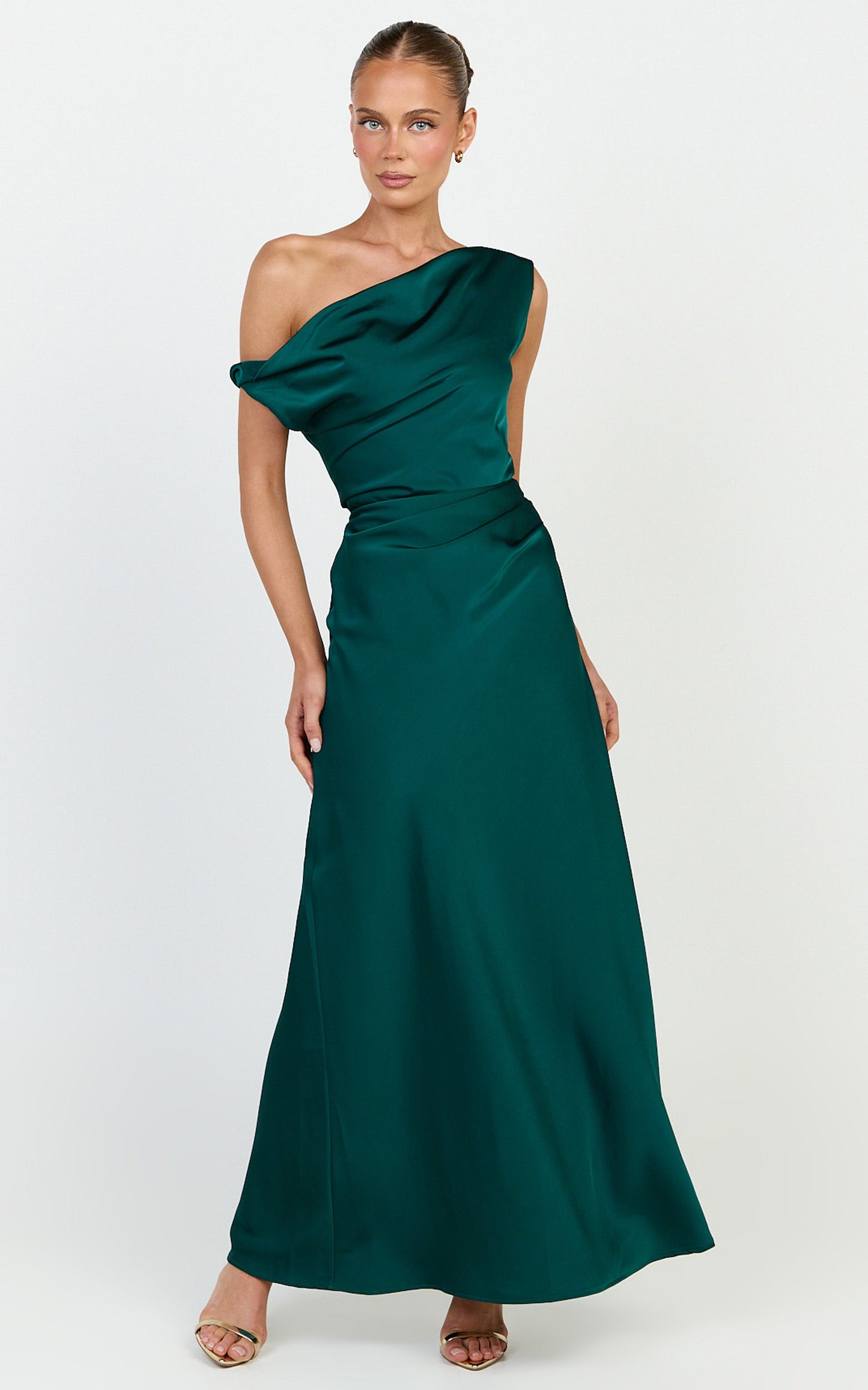 Lira Maxi Dress - One Shoulder Satin Dress in Emerald