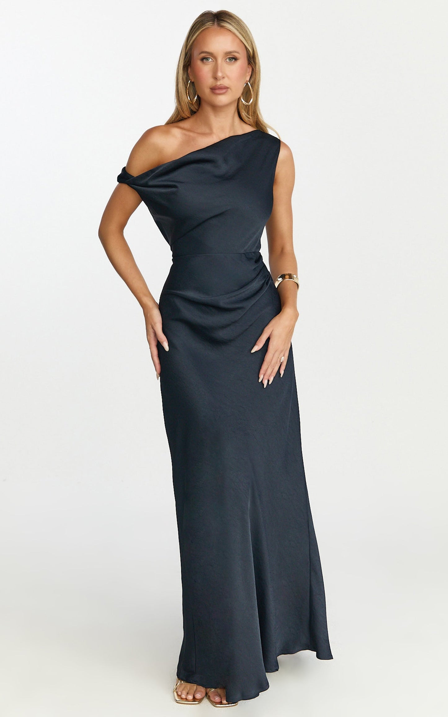 Lira Midi Dress - One Shoulder Satin Dress in Navy