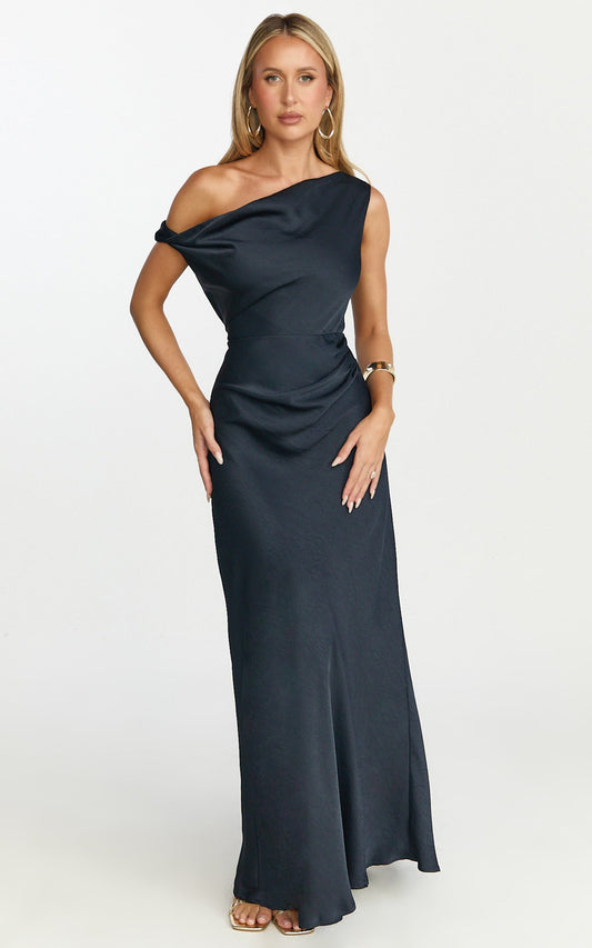 Lira Midi Dress - One Shoulder Satin Dress in Navy