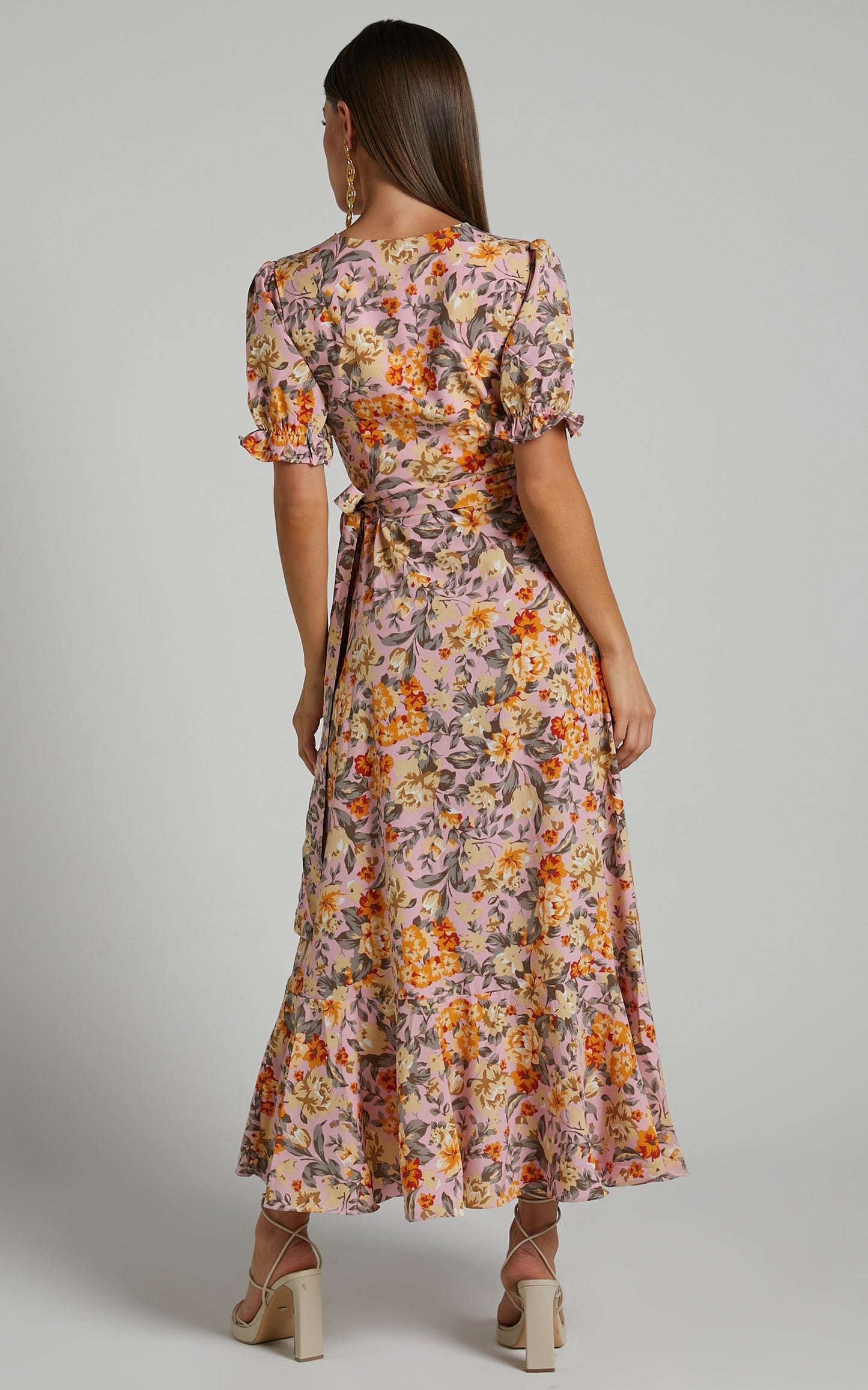 Lisse Midi Dress - Frill Detail V Neck Wrap Dress in Pink Floral