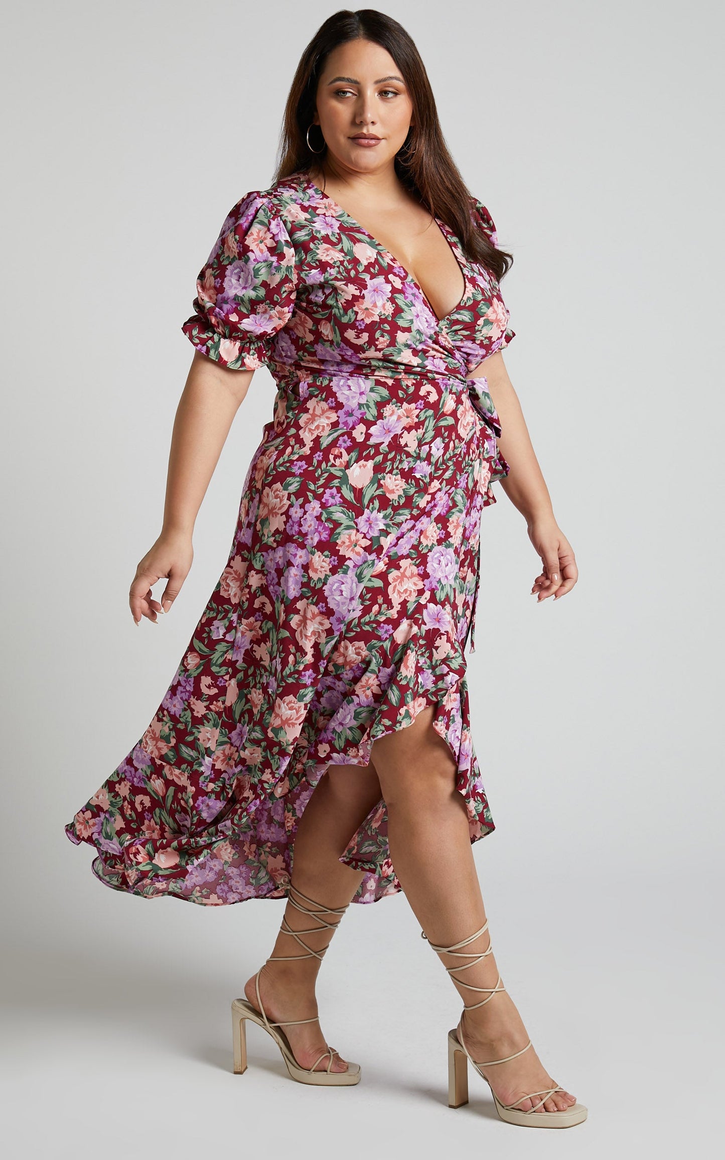 Lisse Midi Dress - Frill Detail V Neck Wrap Dress in Wine Floral