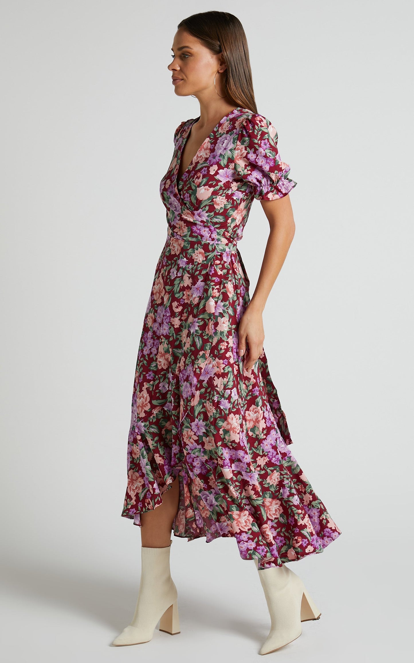 Lisse Midi Dress - Frill Detail V Neck Wrap Dress in Wine Floral