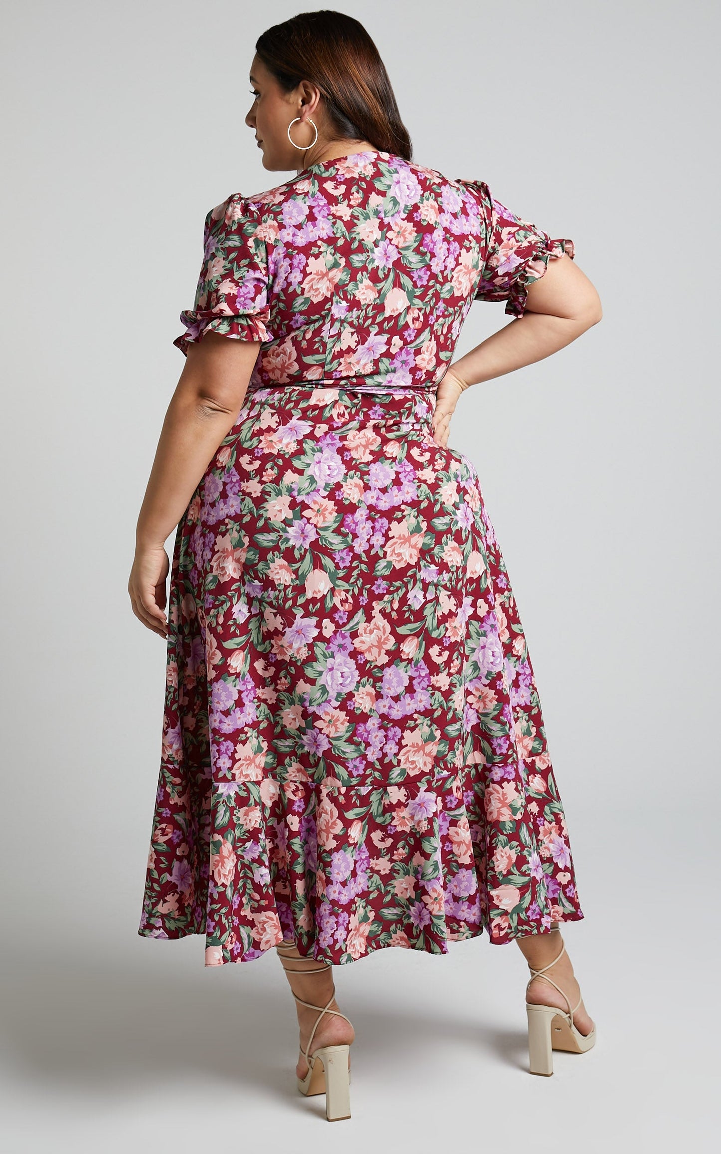 Lisse Midi Dress - Frill Detail V Neck Wrap Dress in Wine Floral