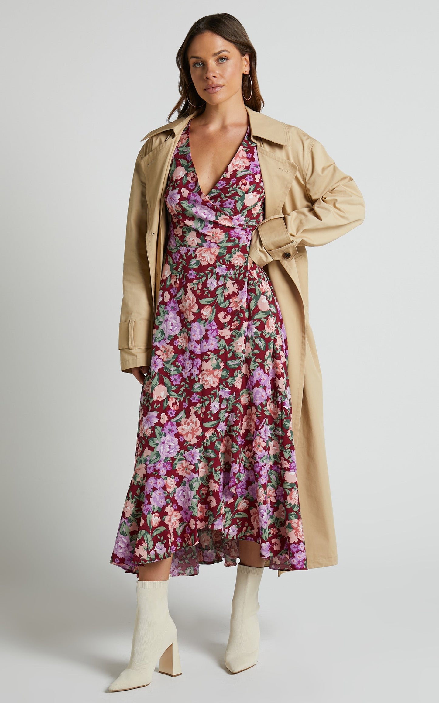 Lisse Midi Dress - Frill Detail V Neck Wrap Dress in Wine Floral