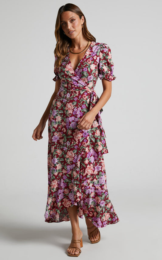 Lisse Midi Dress - Frill Detail V Neck Wrap Dress in Wine Floral