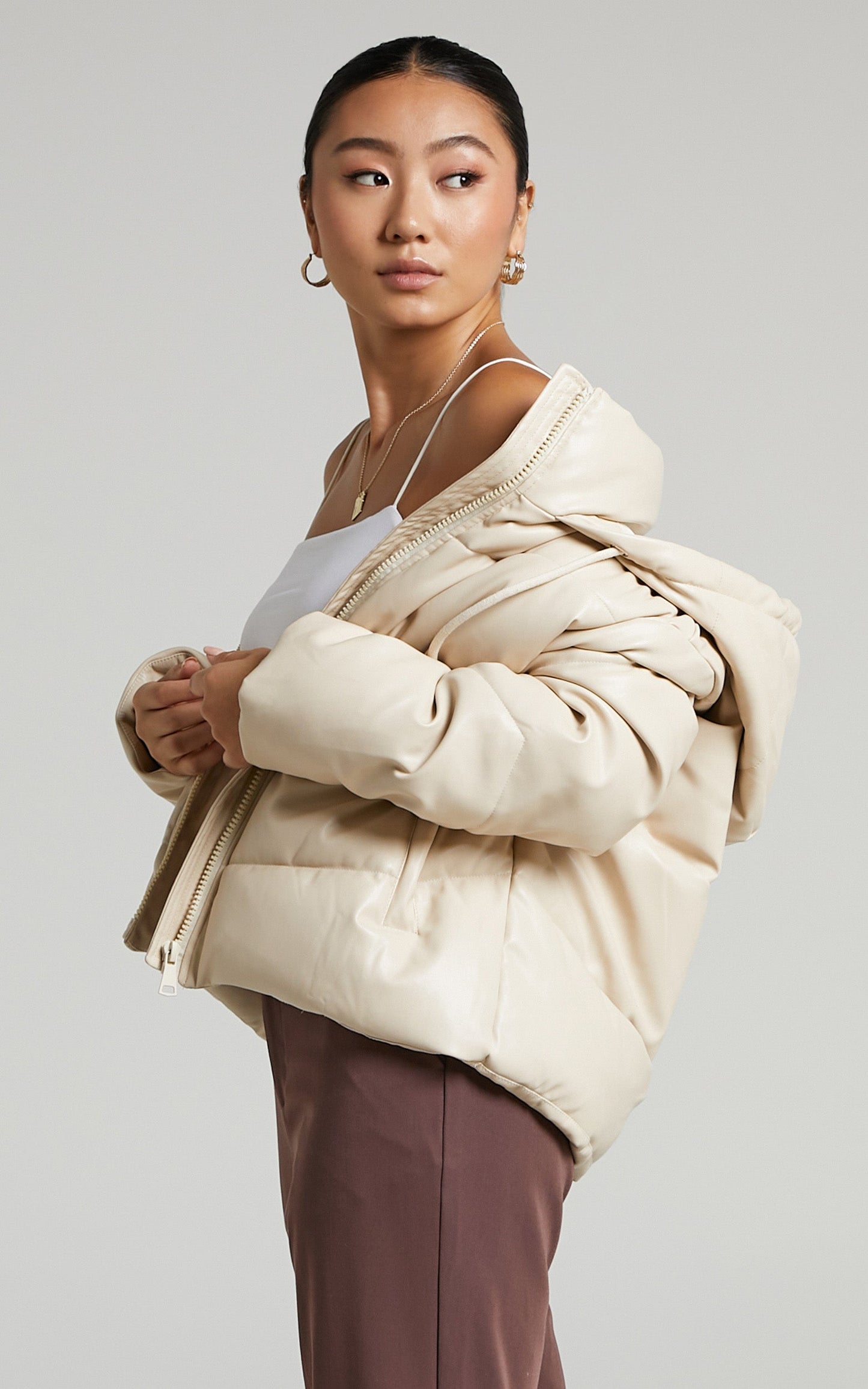 Lizzee Hooded Faux Leather Puffer Jacket in Beige