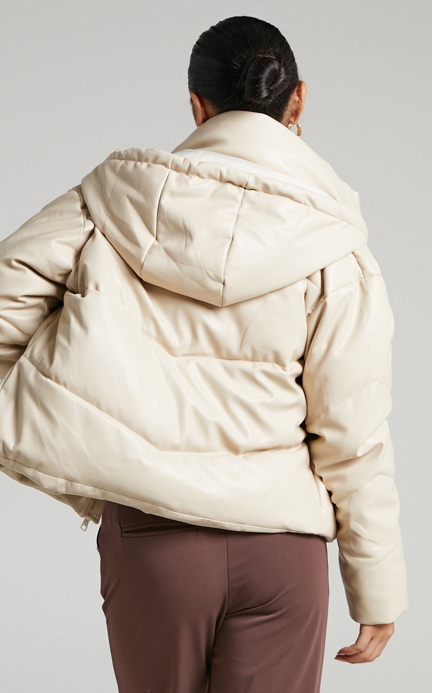 Lizzee Hooded Faux Leather Puffer Jacket in Beige
