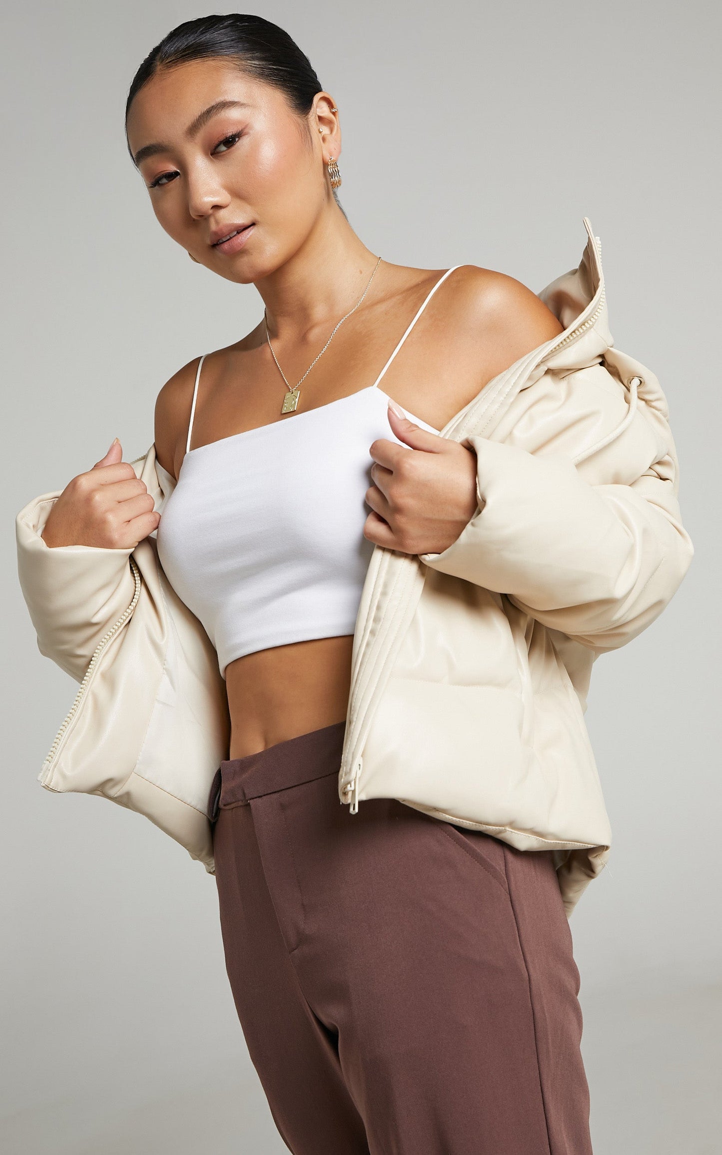 Lizzee Hooded Faux Leather Puffer Jacket in Beige