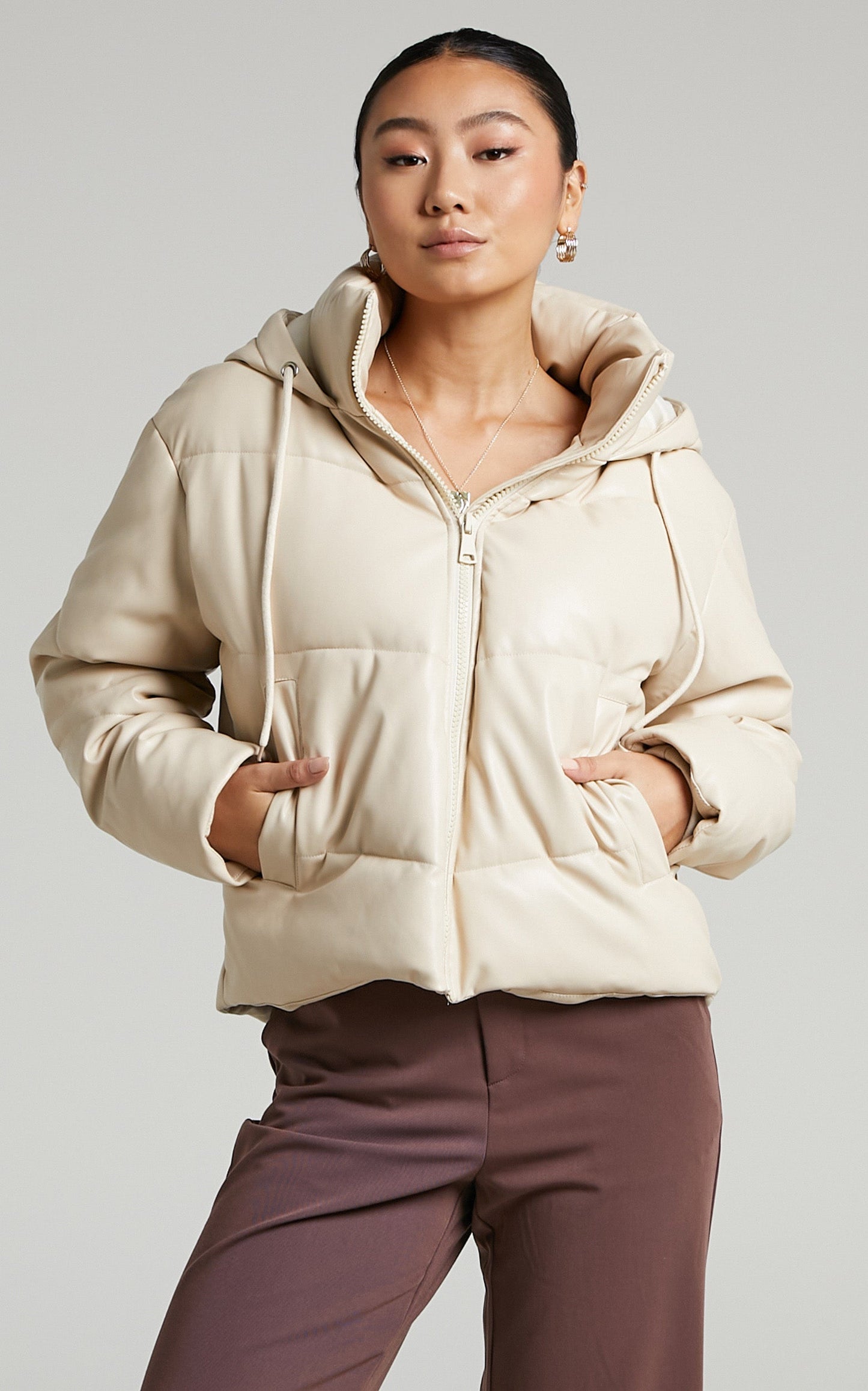 Lizzee Hooded Faux Leather Puffer Jacket in Beige