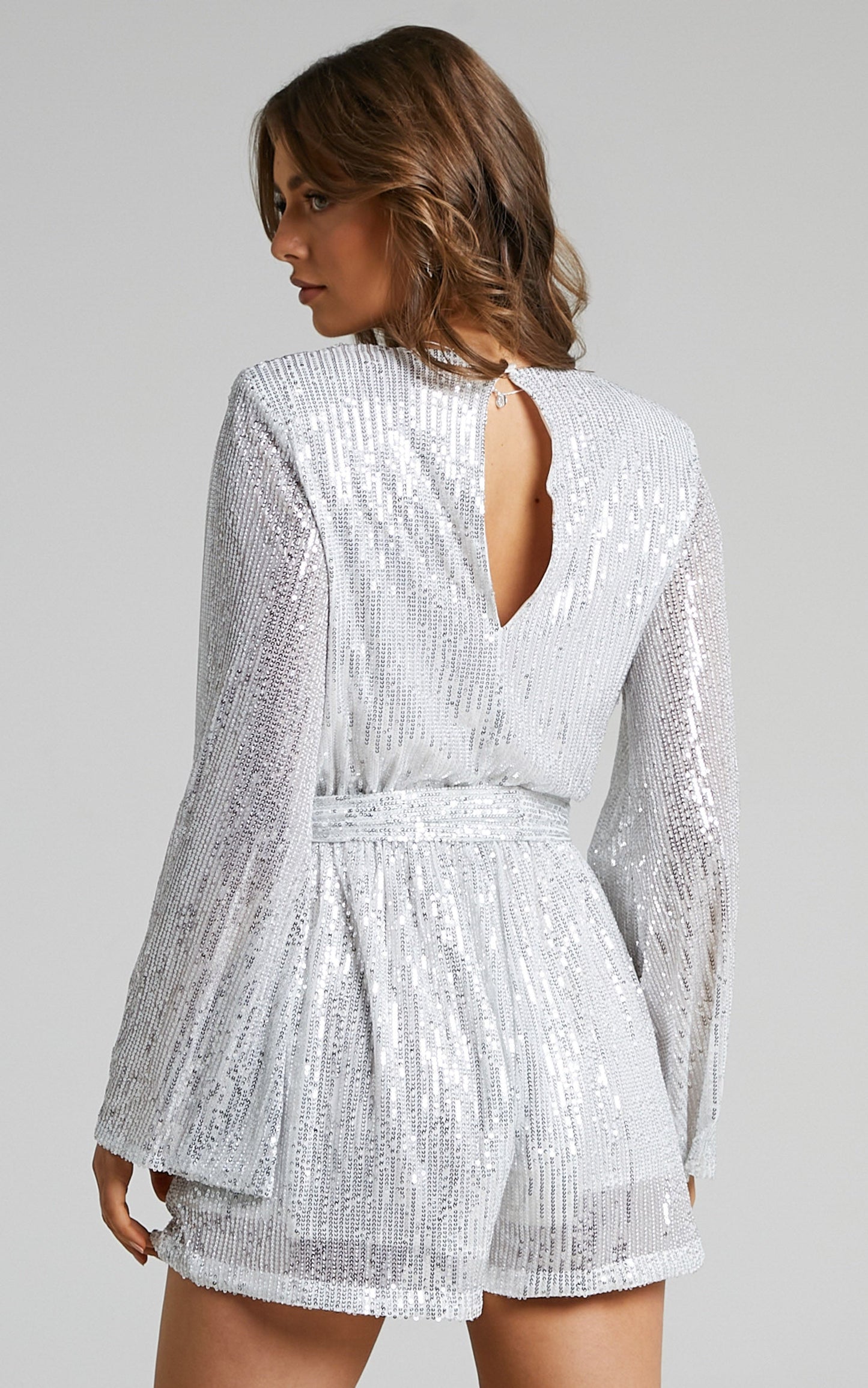 Lizzell Sequin Wrap Playsuit in Silver Sequin