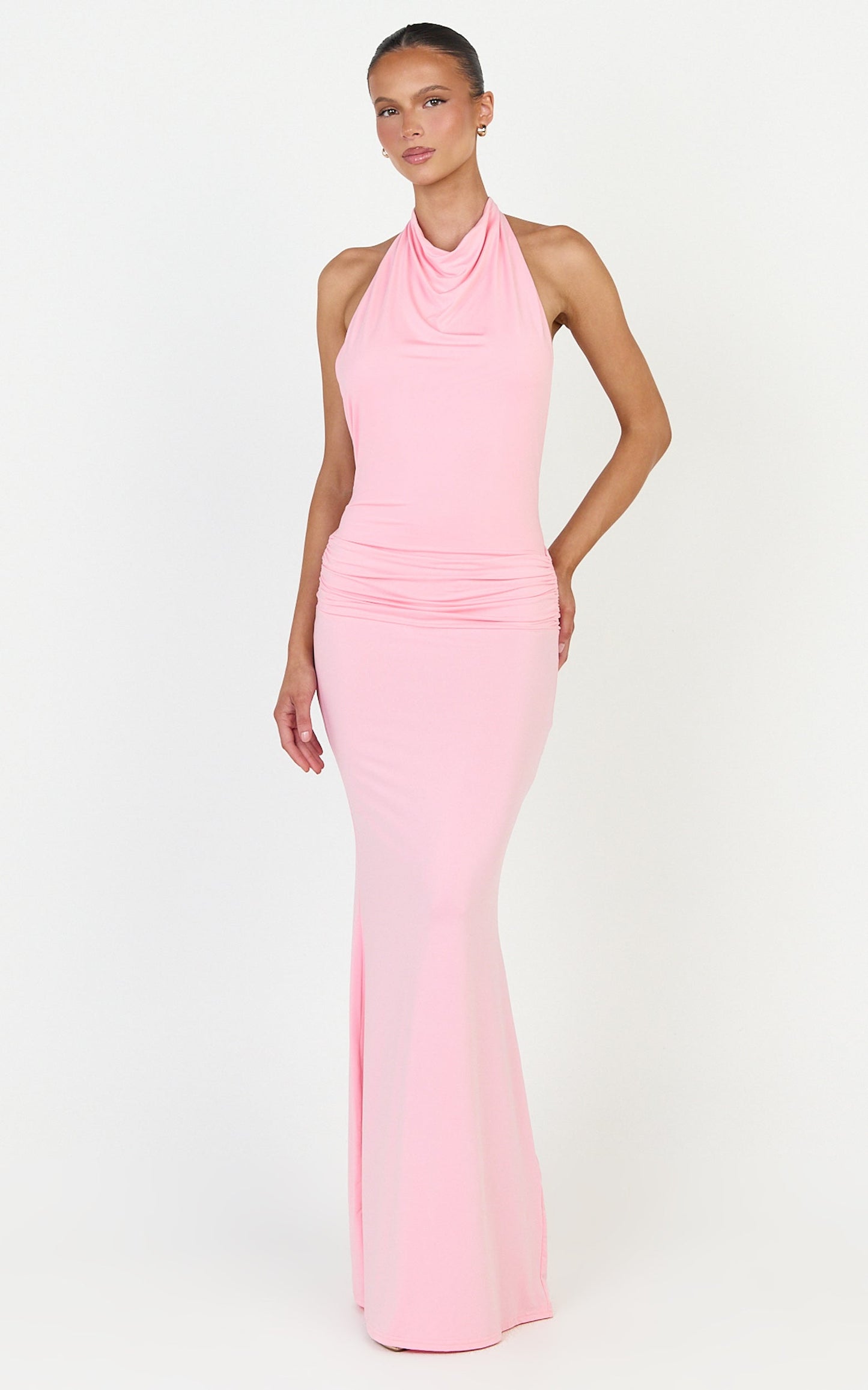 Lizzy Maxi Dress - Backless Ruched Bodycon Dress in Pink