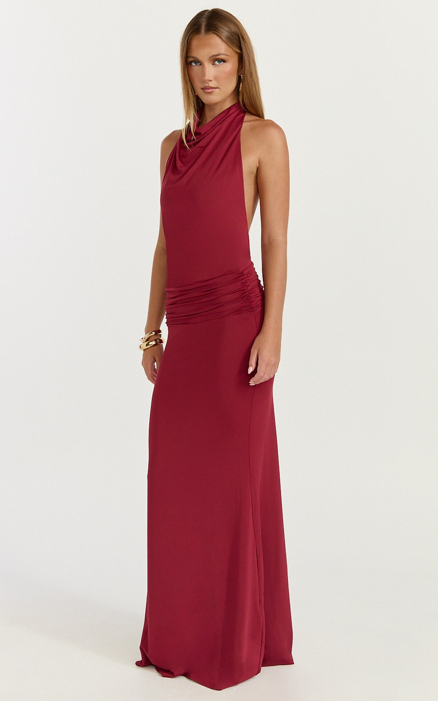 Lizzy Maxi Dress - Backless Ruched Bodycon Dress in Wine