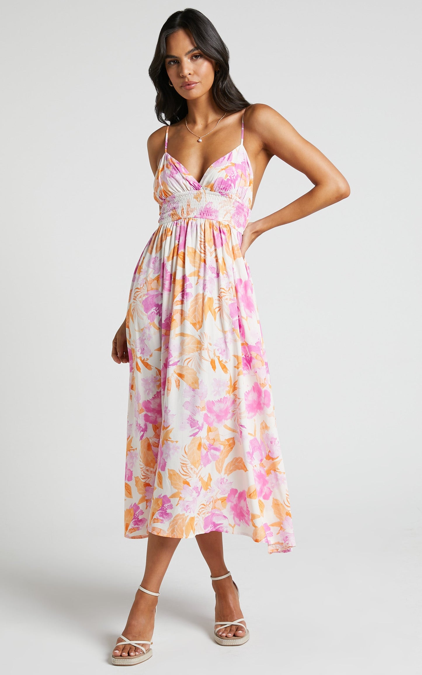 Llewellyn Midi Dress - V Neck Dress in Pink Floral