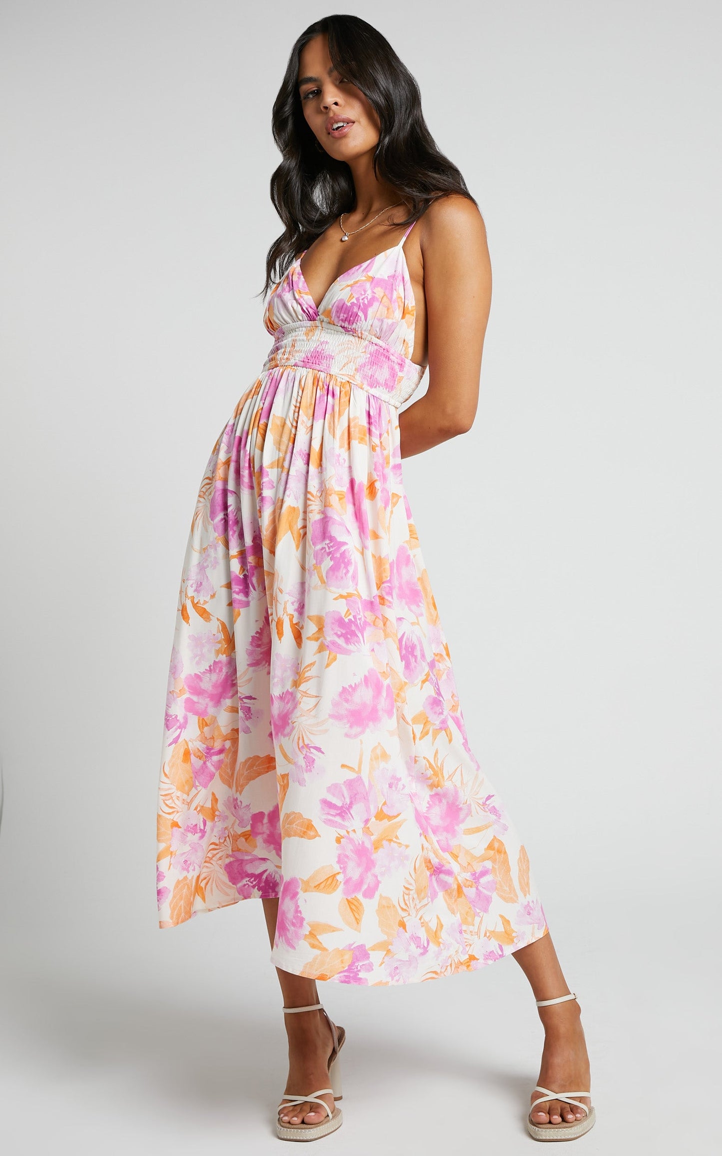 Llewellyn Midi Dress - V Neck Dress in Pink Floral
