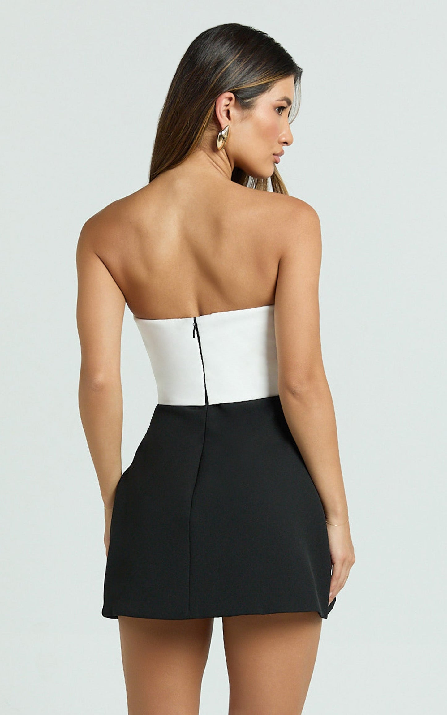 Loissa Mini Dress - Strapless Corset Waist Contrast Colour Tulip Skirt Dress in Black