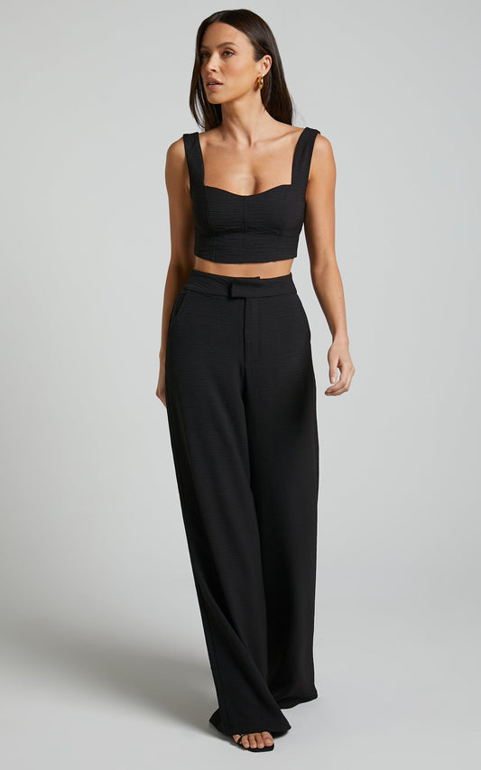 Loiuesa Two Piece Set - Crop Top and Wide Leg Pants in Black