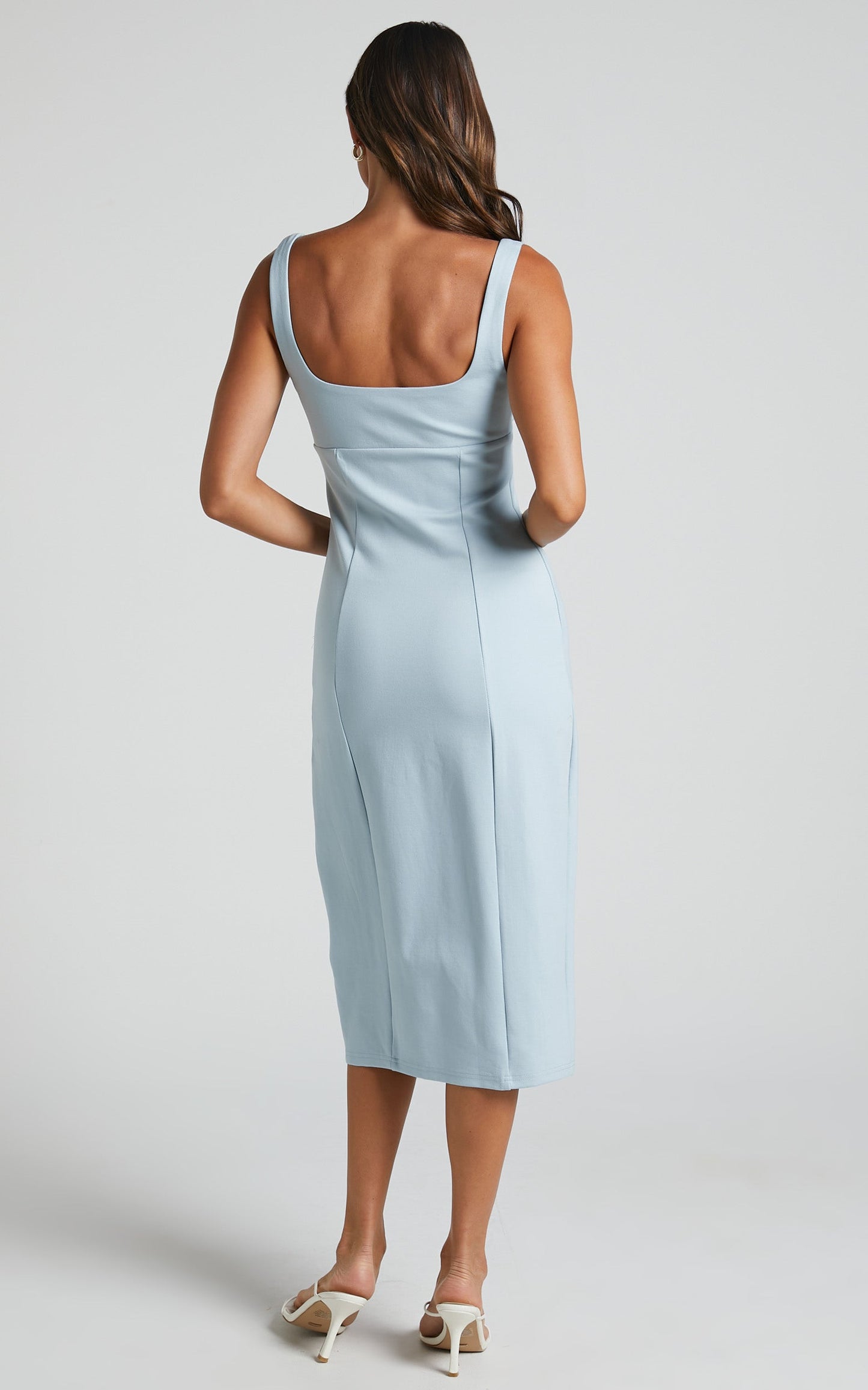 Lola Midi Dress - Square Neck Thigh Split Dress in Pale Blue