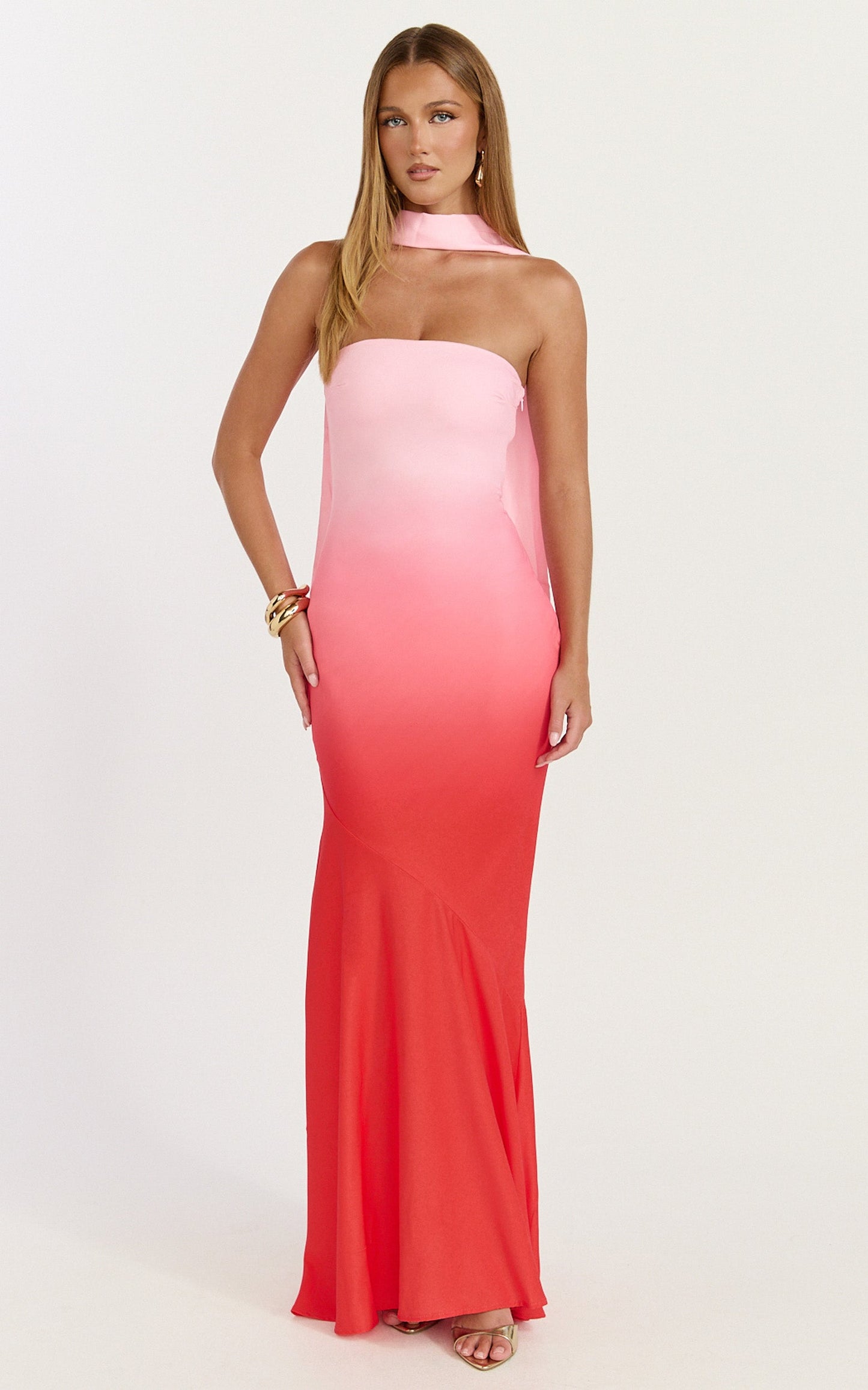 Lolly Maxi Dress - Strapless Bias Column Dress with Scarf in Blush Ombre Print