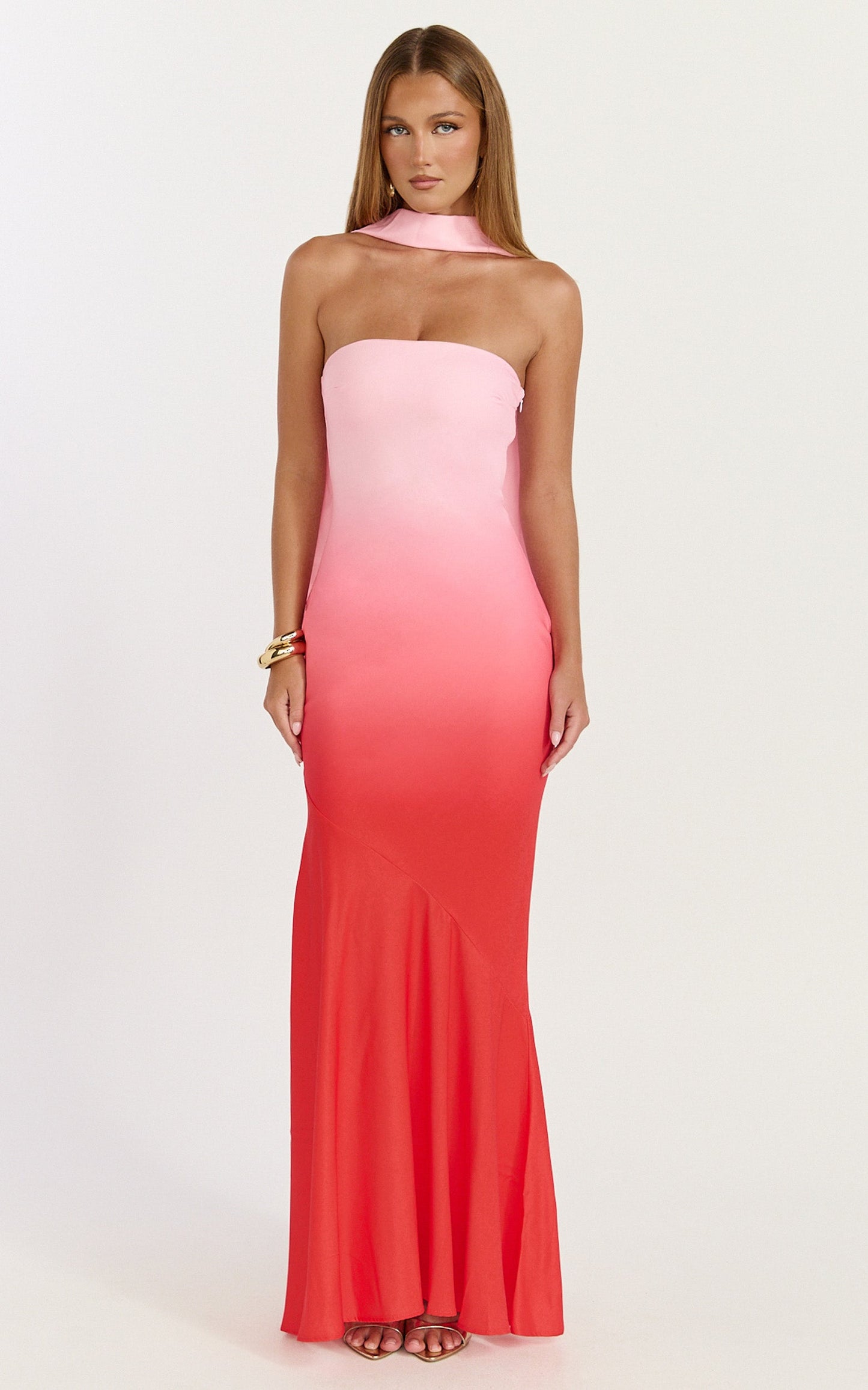 Lolly Maxi Dress - Strapless Bias Column Dress with Scarf in Blush Ombre Print