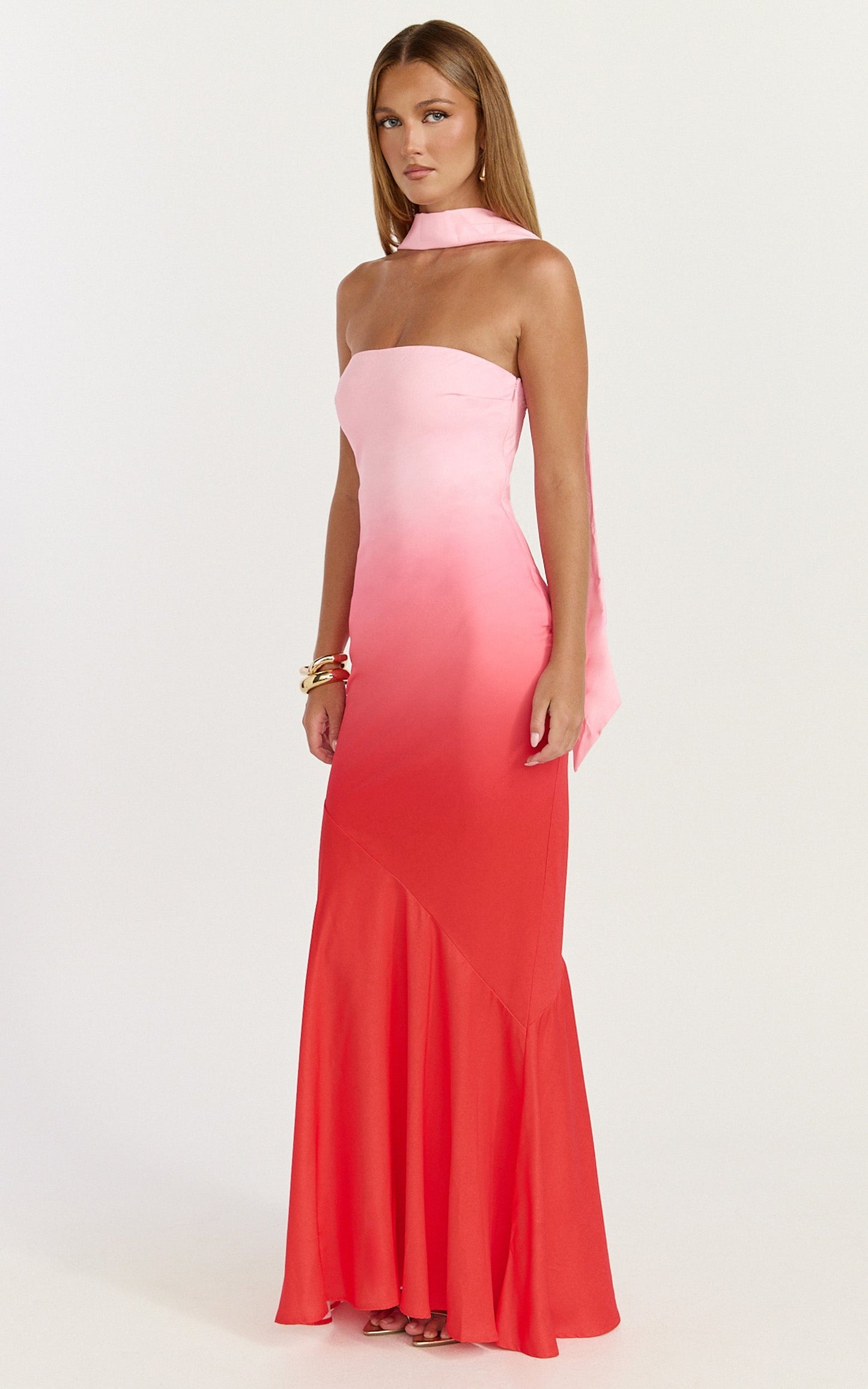 Lolly Maxi Dress - Strapless Bias Column Dress with Scarf in Blush Ombre Print