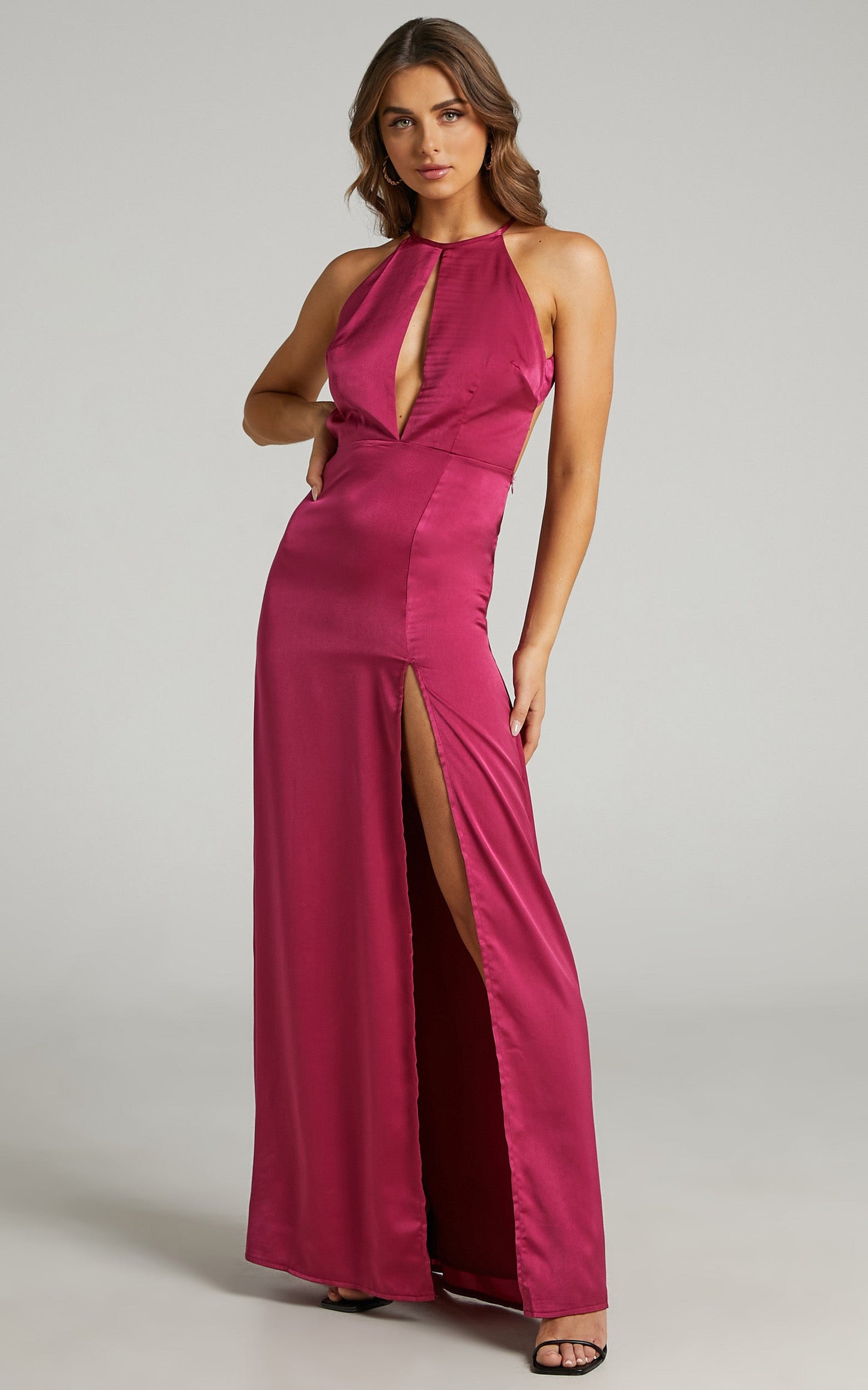 Lonni High Neck Cut Out Maxi Dress with Leg Split in Berry Satin