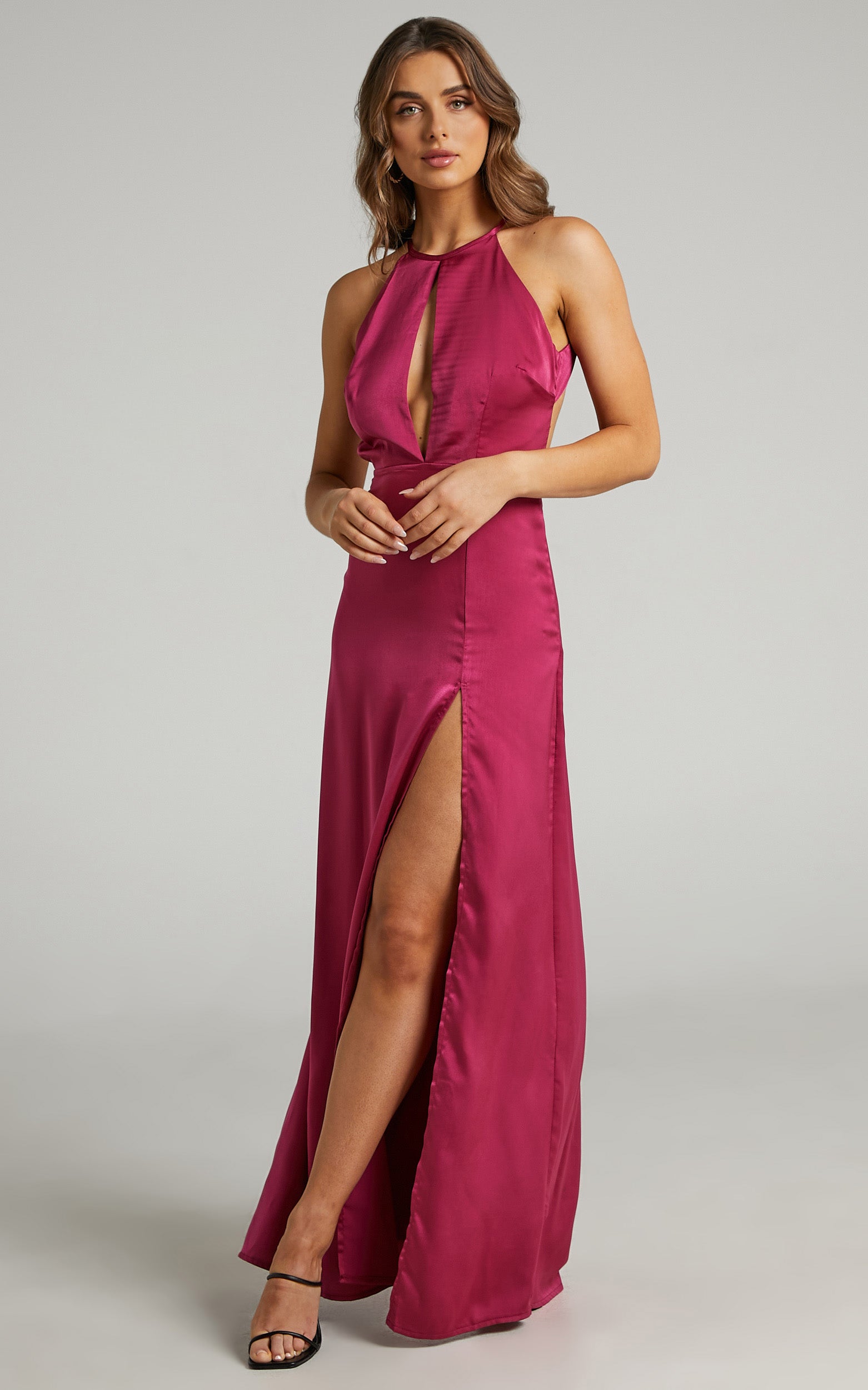 Lonni High Neck Cut Out Maxi Dress with Leg Split in Berry Satin