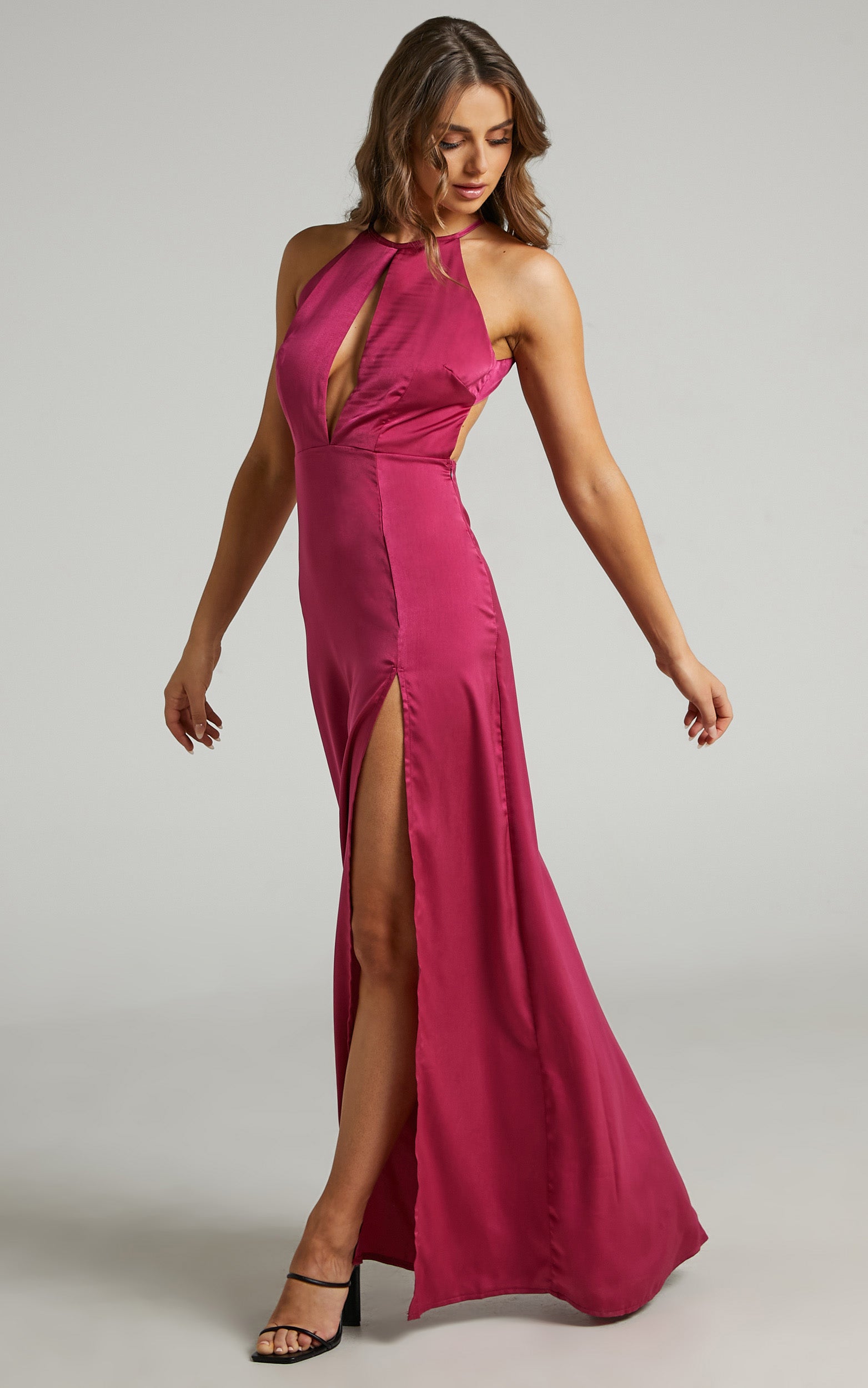 Lonni High Neck Cut Out Maxi Dress with Leg Split in Berry Satin