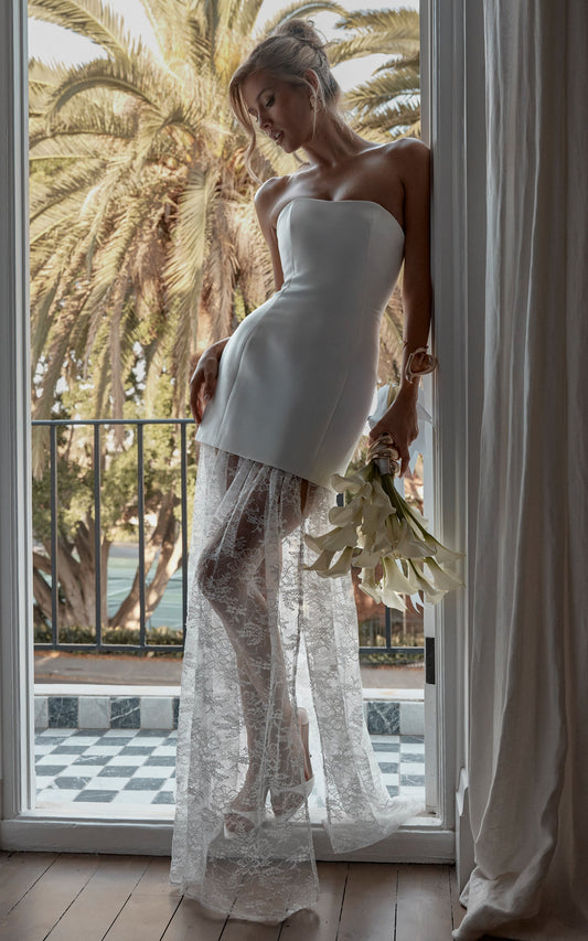 Alegra Maxi Dress - Peplum Bodice Lace Skirt Dress in Ivory