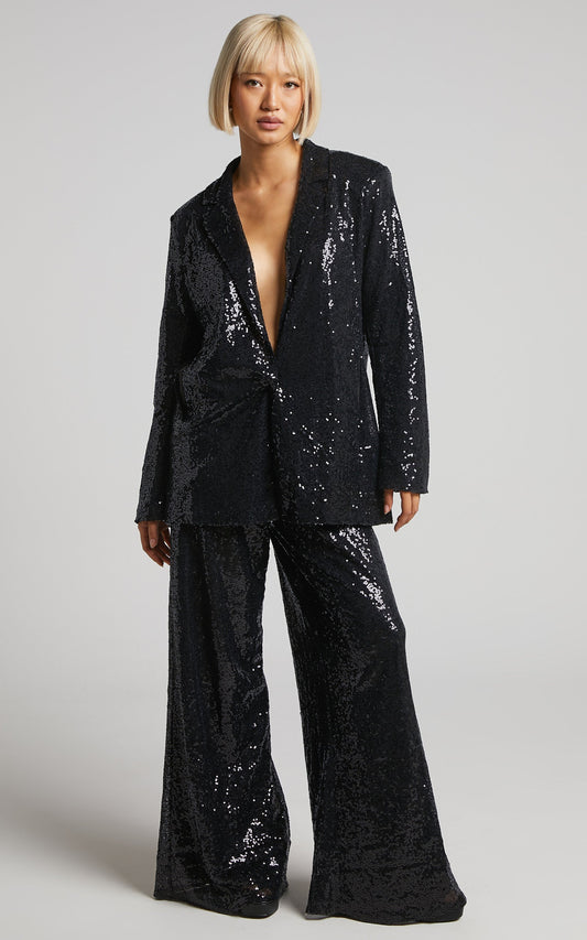 Looma Sequin Pants - High Waisted Super Wide Leg Pants in Black