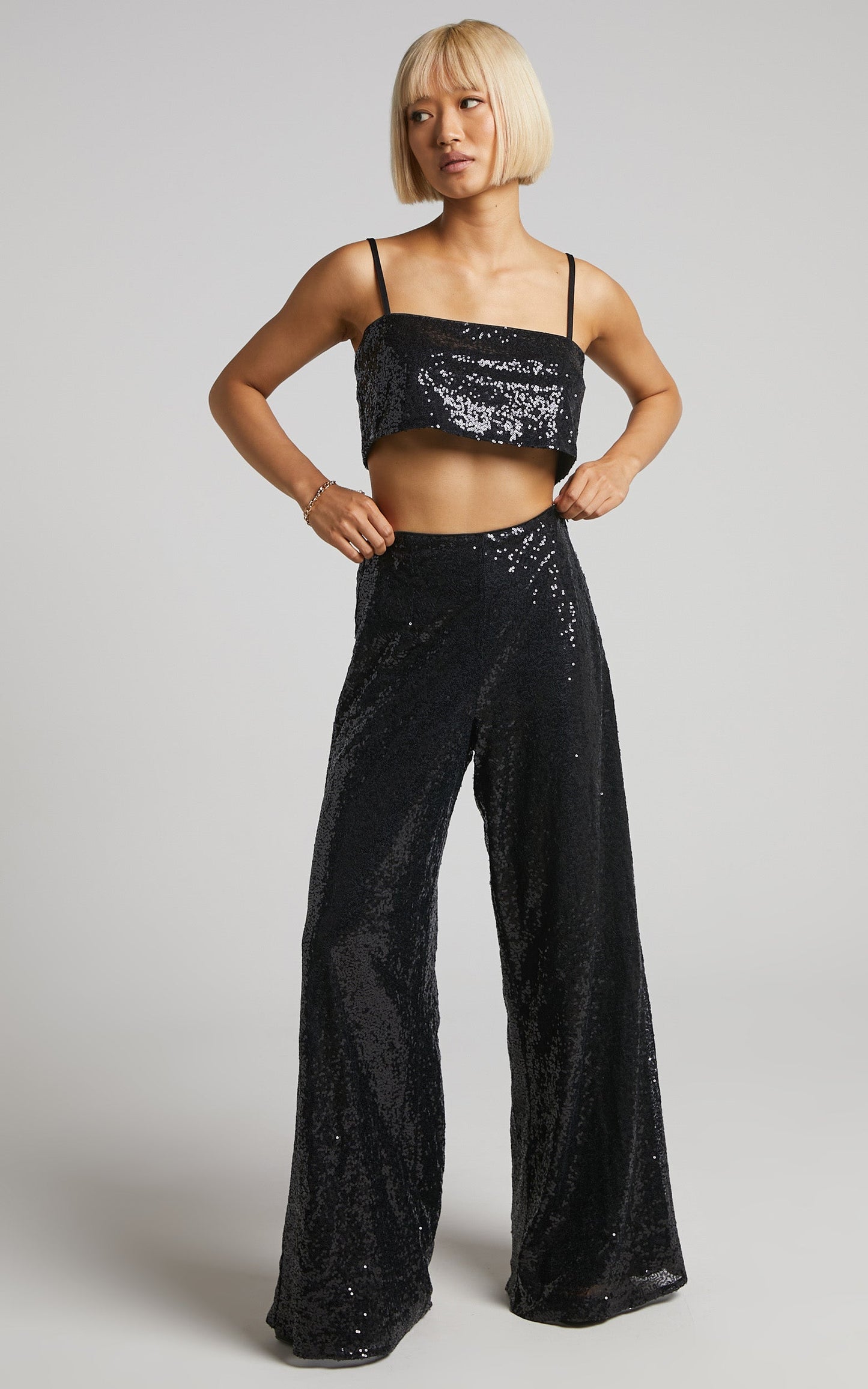 Looma Sequin Pants - High Waisted Super Wide Leg Pants in Black