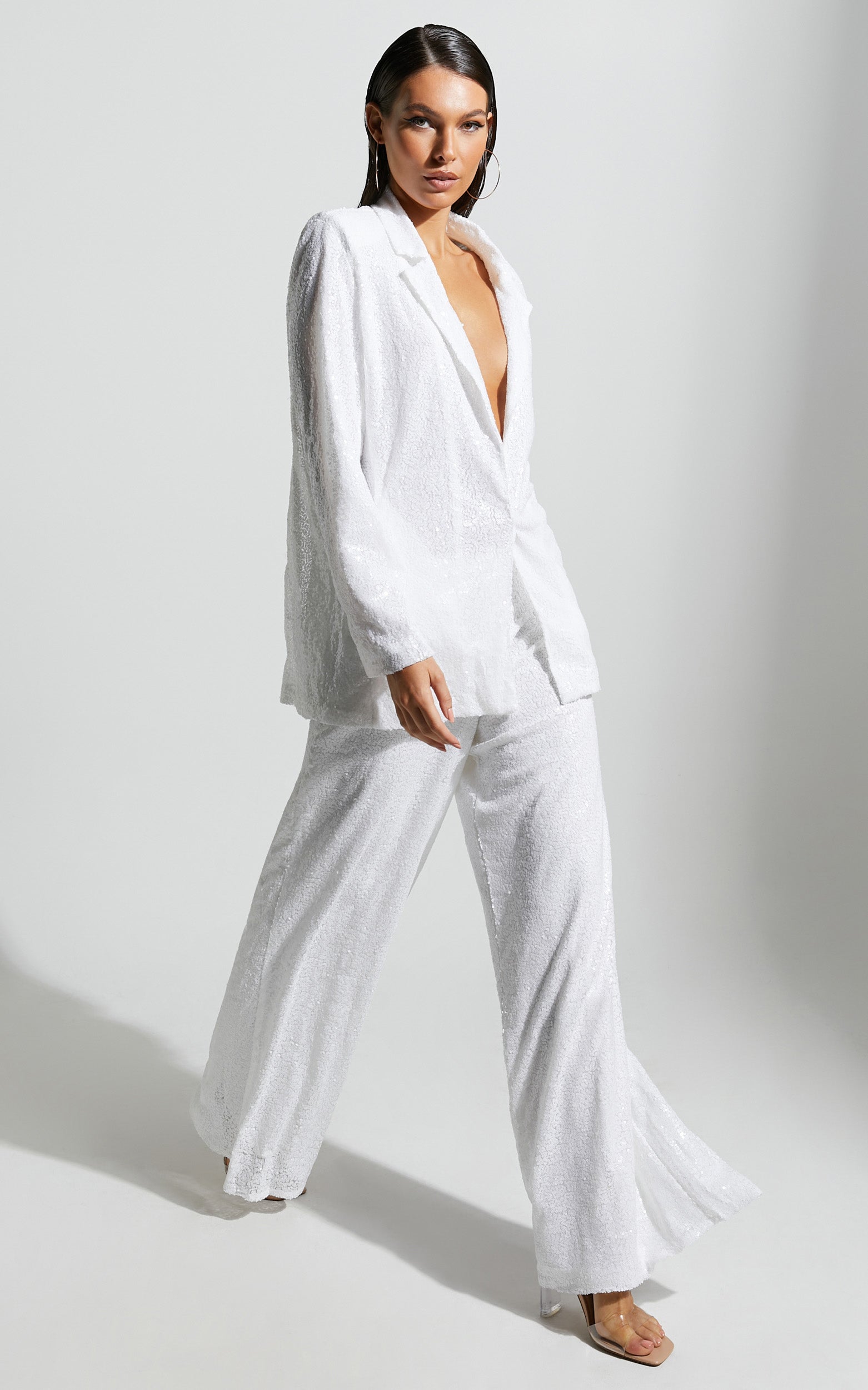 Looma Sequin Pants - High Waisted Super Wide Leg Pants in White