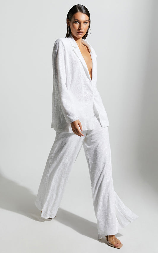 Looma Sequin Pants - High Waisted Super Wide Leg Pants in White