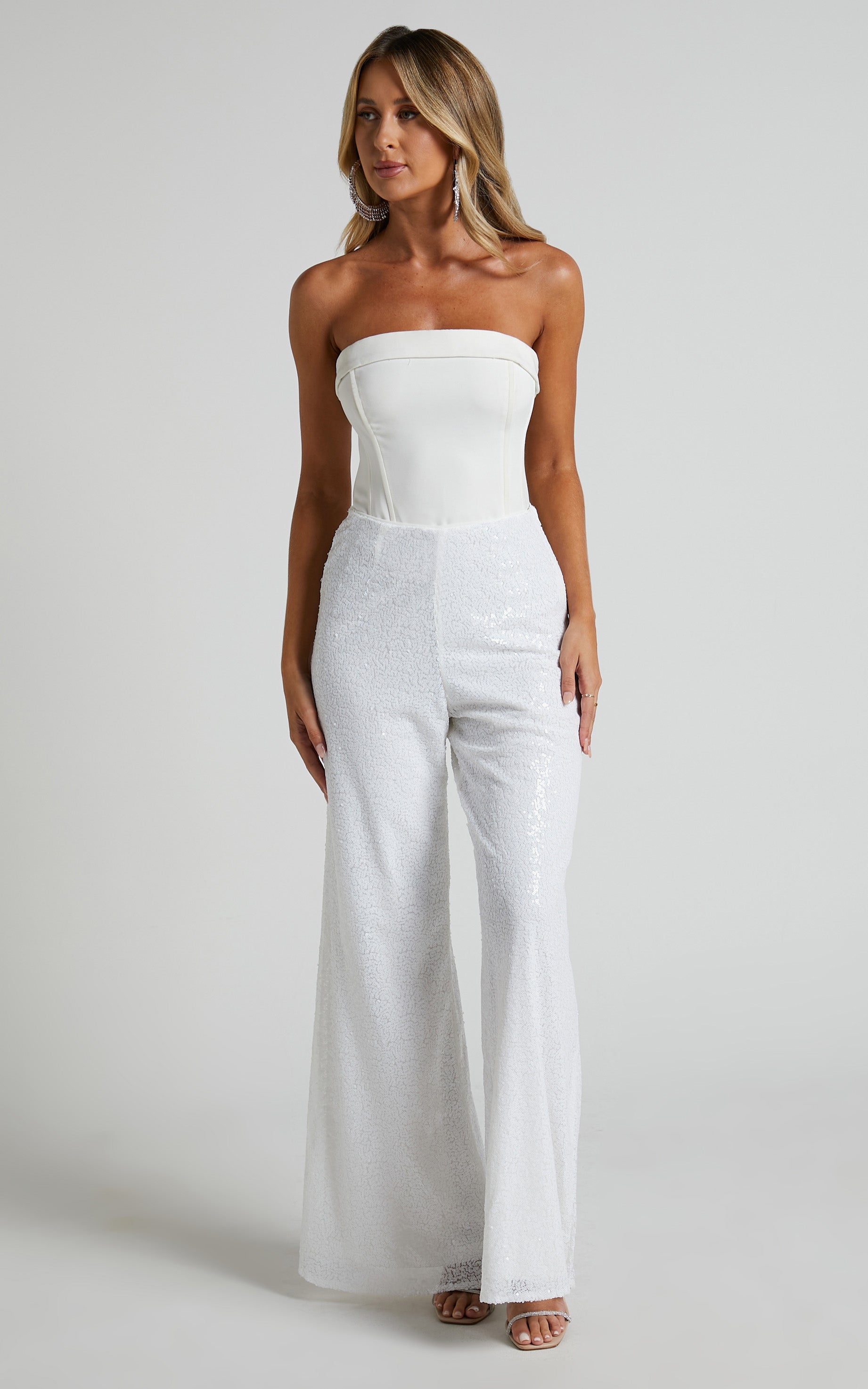 Looma Sequin Pants - High Waisted Super Wide Leg Pants in White