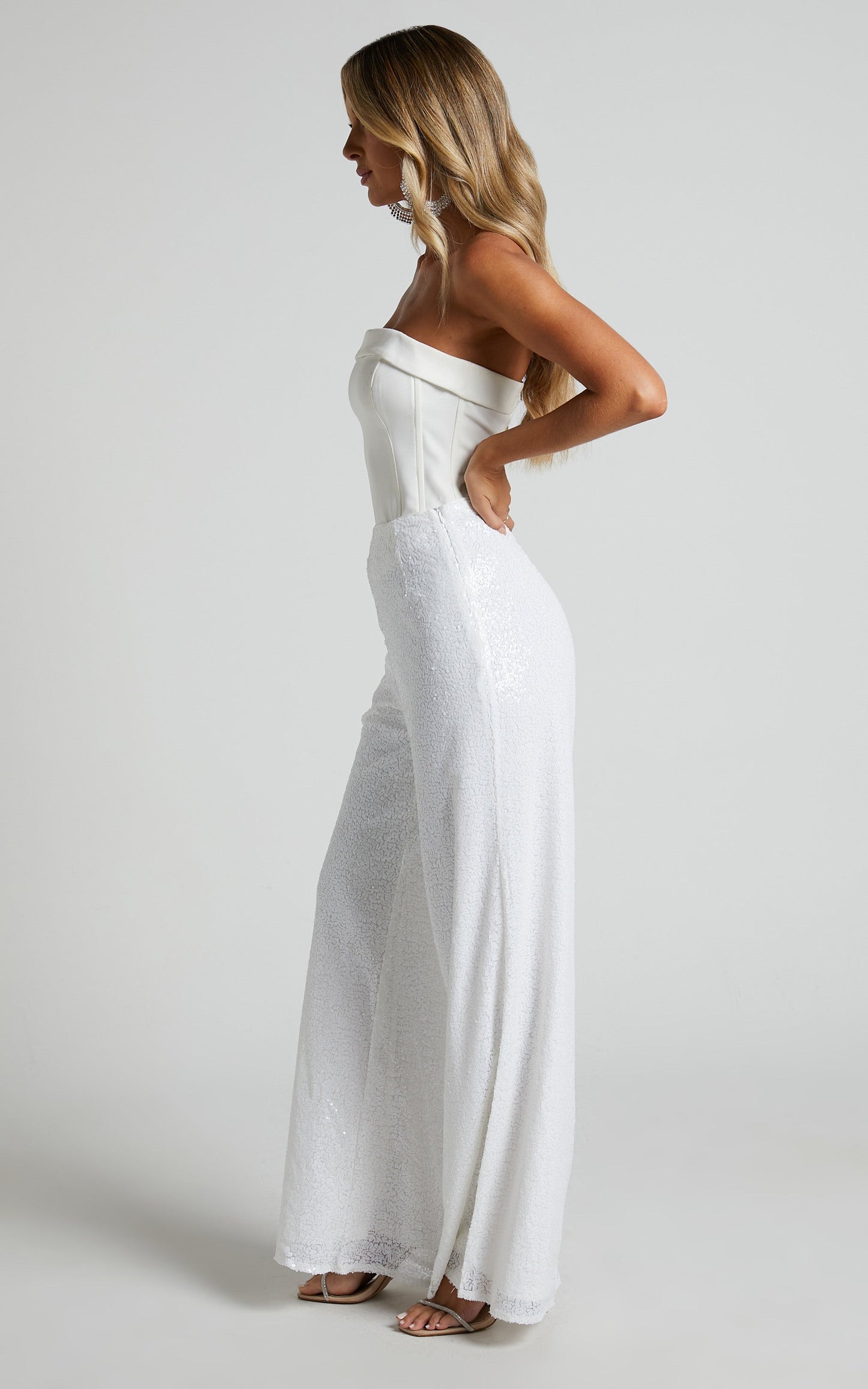 Looma Sequin Pants - High Waisted Super Wide Leg Pants in White