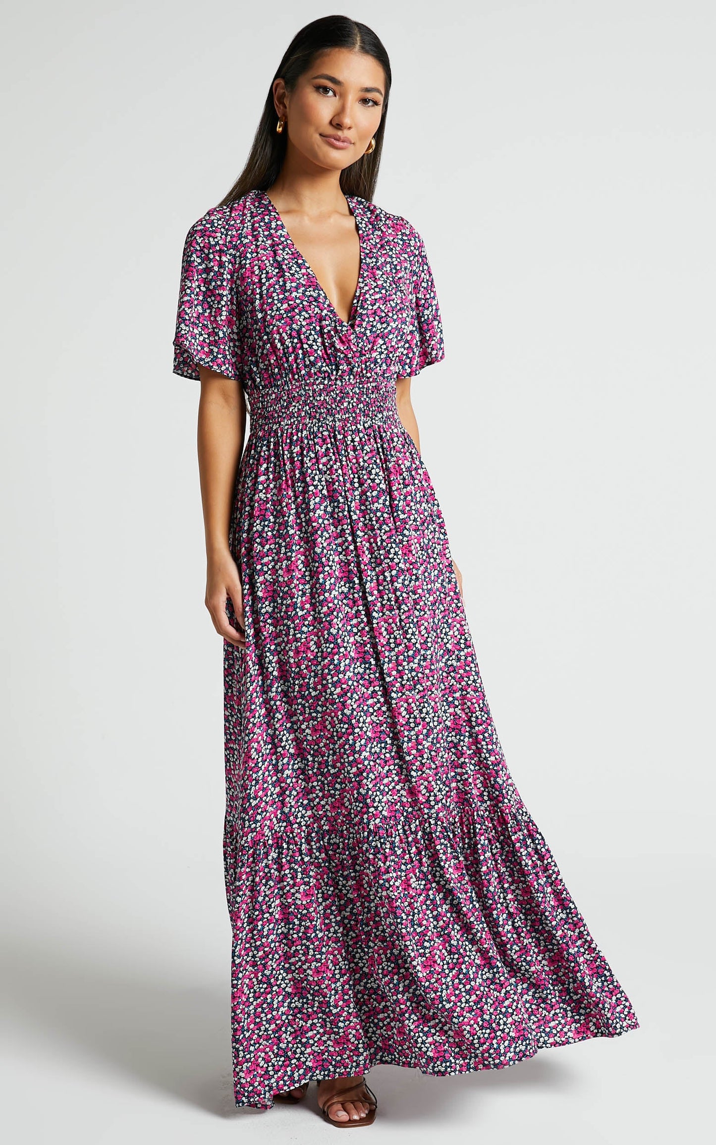 Lora Midi Dress - Short Sleeve V Neck Wrap Front Dress in Dark Navy