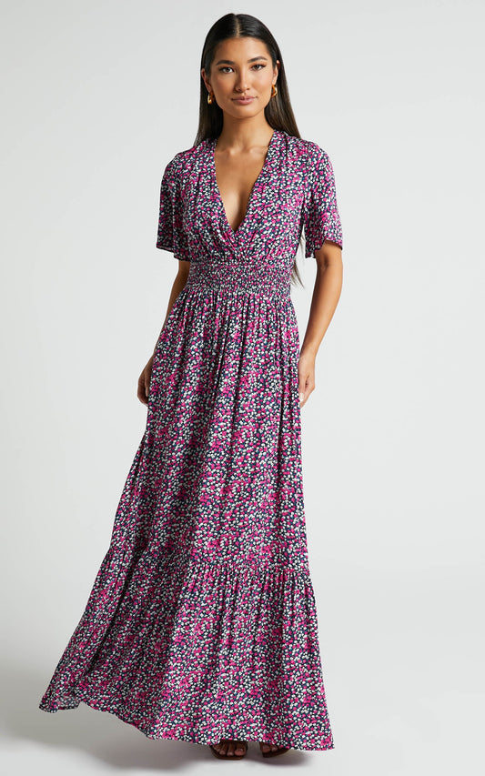 Lora Midi Dress - Short Sleeve V Neck Wrap Front Dress in Dark Navy
