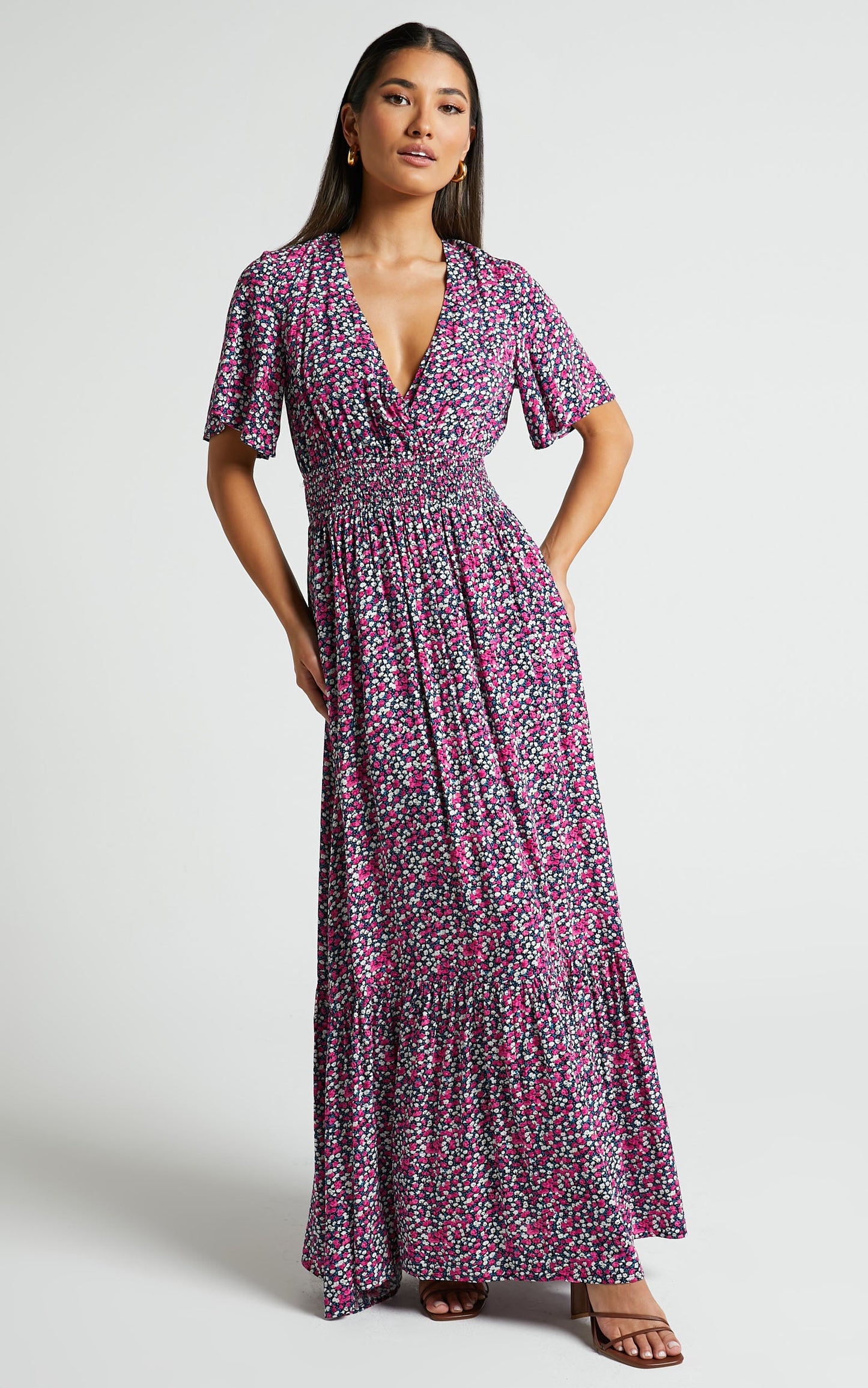 Lora Midi Dress - Short Sleeve V Neck Wrap Front Dress in Dark Navy
