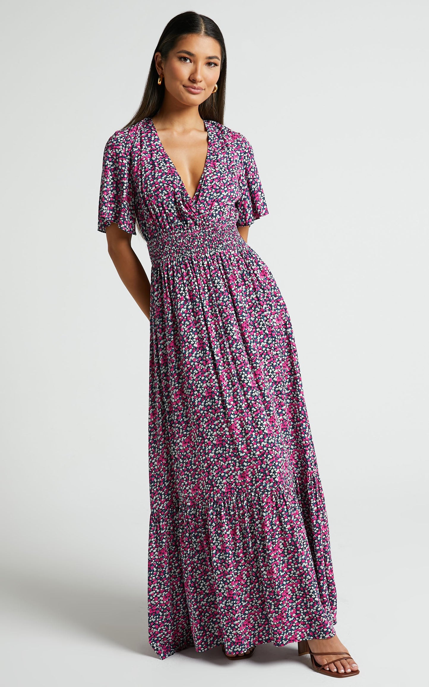Lora Midi Dress - Short Sleeve V Neck Wrap Front Dress in Dark Navy
