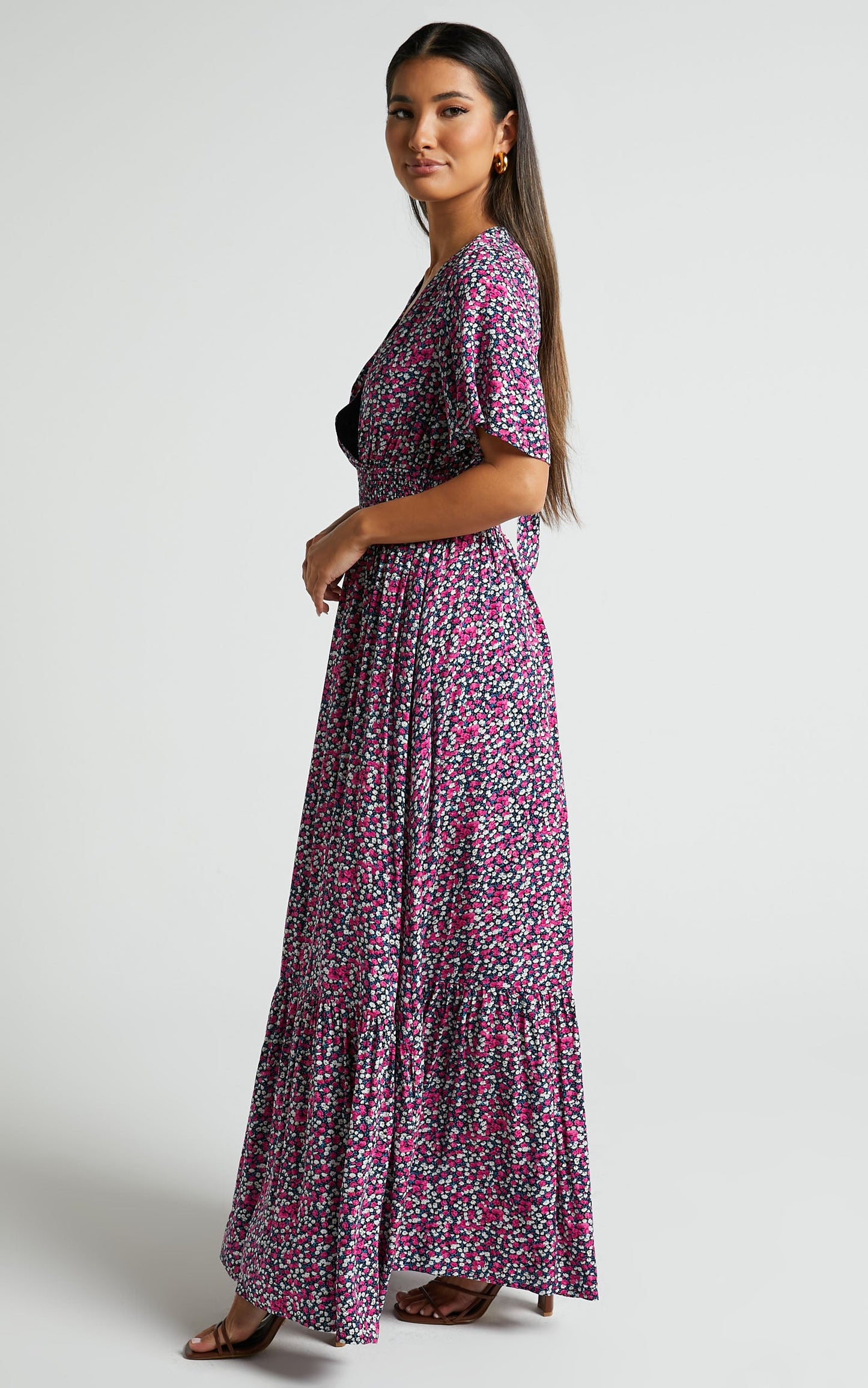 Lora Midi Dress - Short Sleeve V Neck Wrap Front Dress in Dark Navy