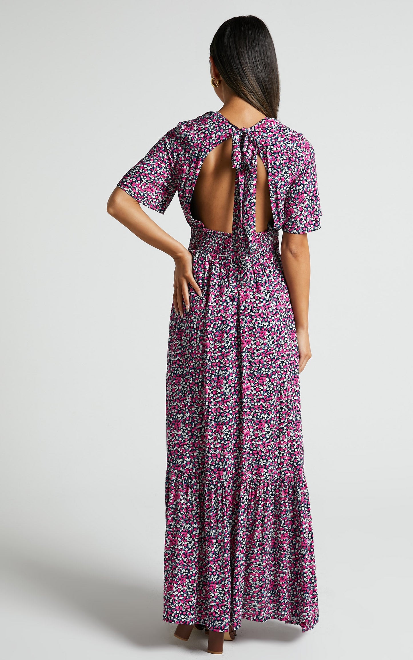 Lora Midi Dress - Short Sleeve V Neck Wrap Front Dress in Dark Navy