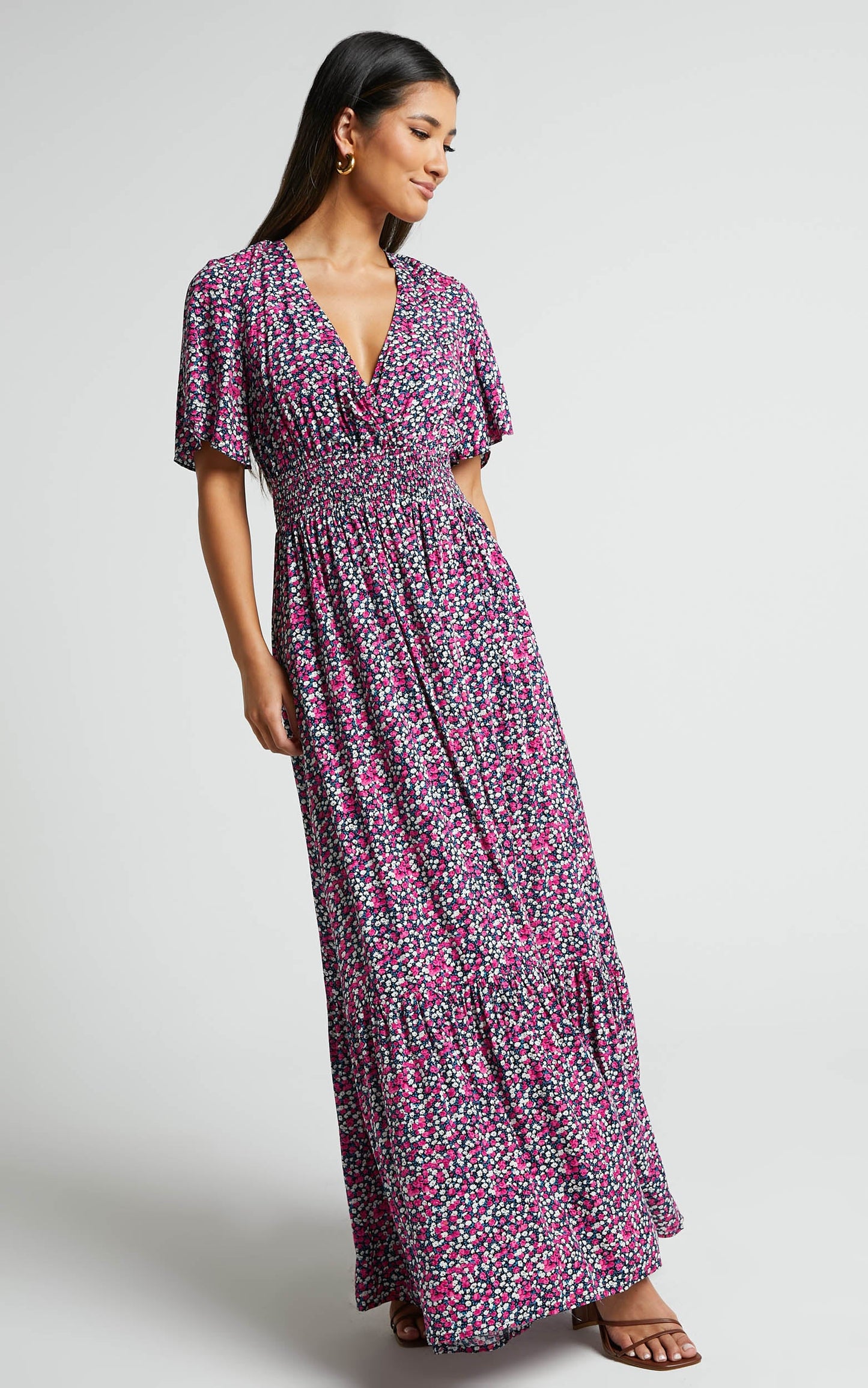 Lora Midi Dress - Short Sleeve V Neck Wrap Front Dress in Dark Navy