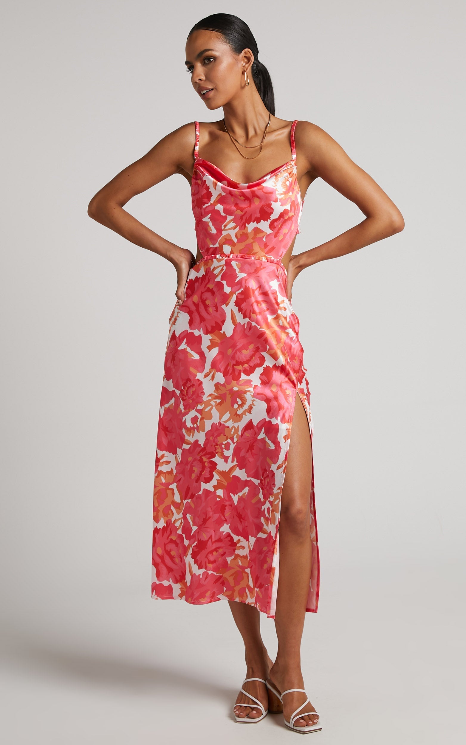 Loran Midi Dress - Cowl Neck Satin Slip Dress in Peony Blossom